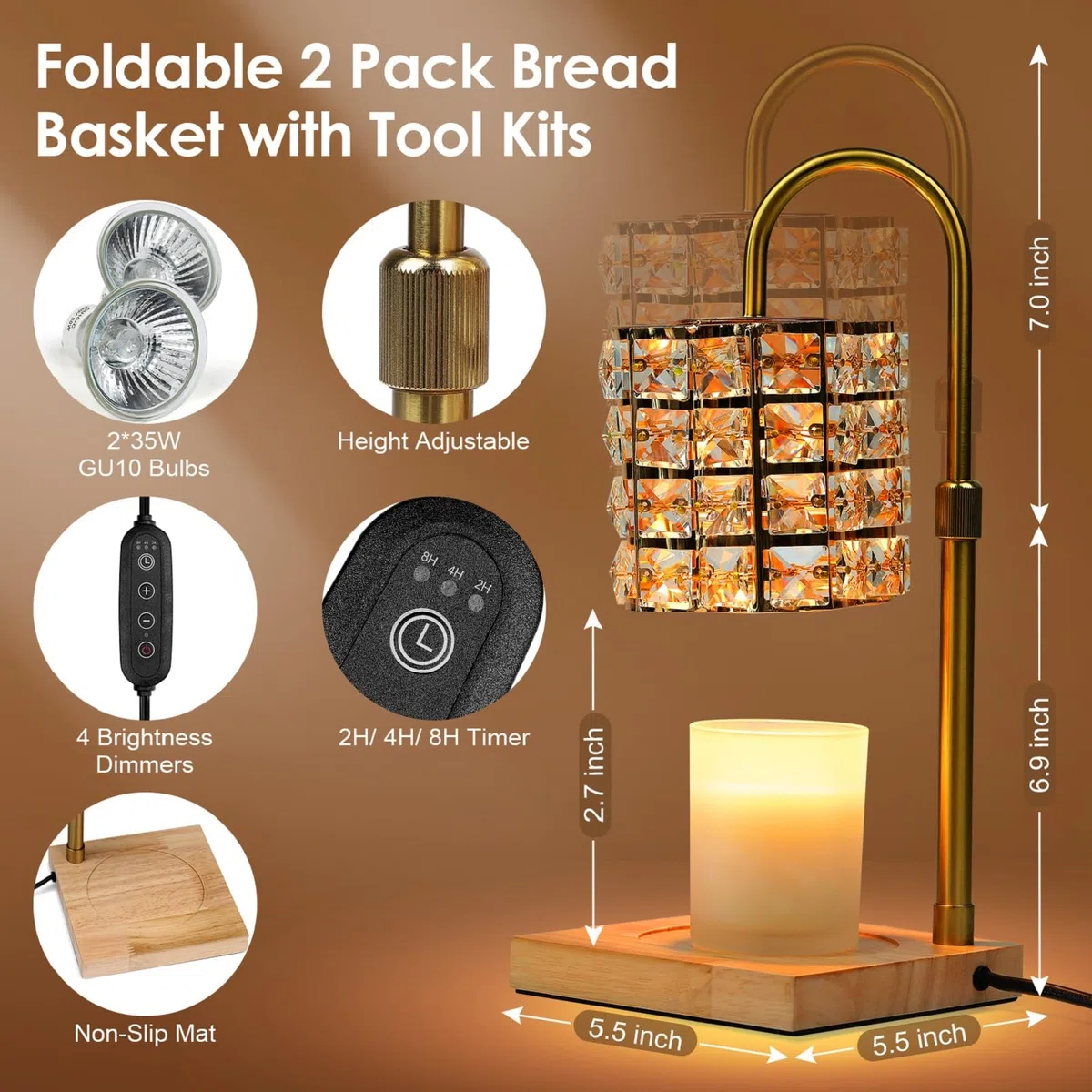 Cuteefun Lampada Scaldacandela con Timer, Diffusore Candle Elettrico con 2 Lampadine, Dimmerabile e Regolabile in Altezza, Candle Bruciatore per Candele Aromatiche, Decorazioni per la Casa