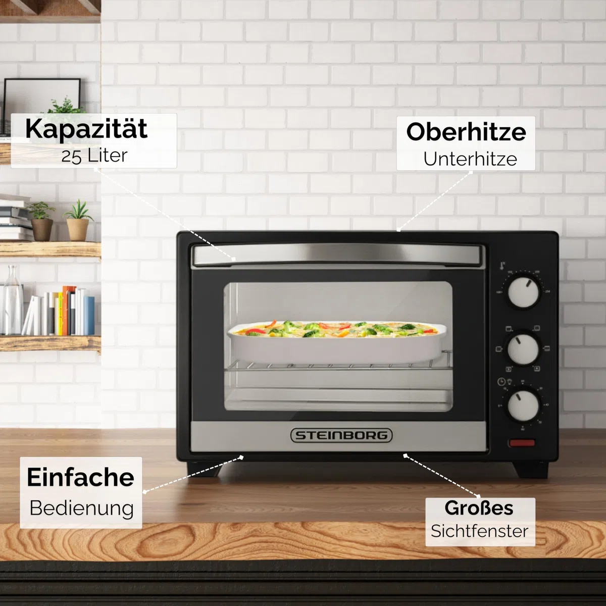 Steinborg Mini forno elettrico da 25 litri – forno per pizza 3 in 1 con calore superiore/inferiore e convezione d'aria, mini forno da 1600 Watt con timer da 60 minuti e teglia per briciole