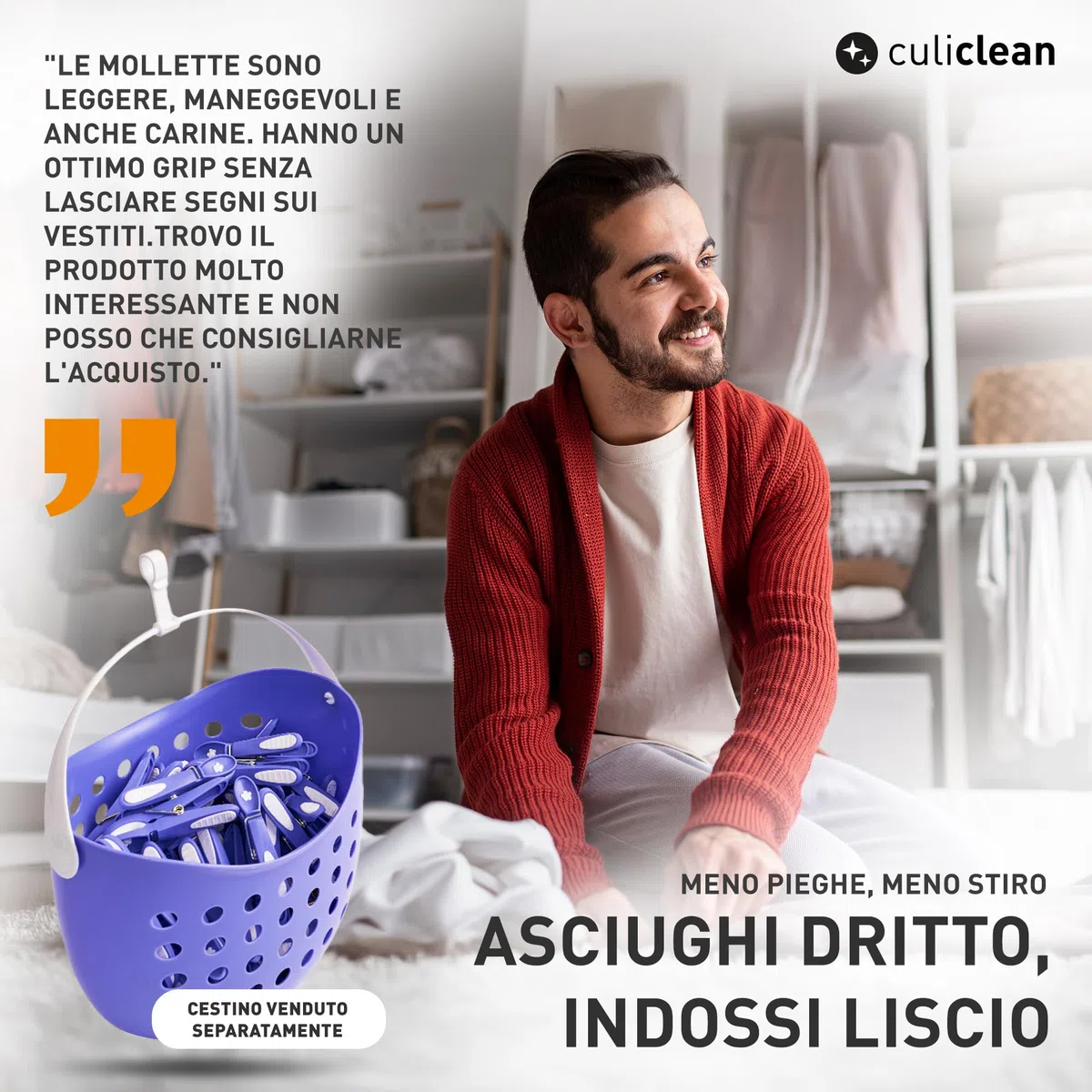 culiclean - Mollette da bucato premium, diversi modelli, Plastica, bianco e nero con cestino bianco e manico nero., 40 Stück+ 1 Korb
