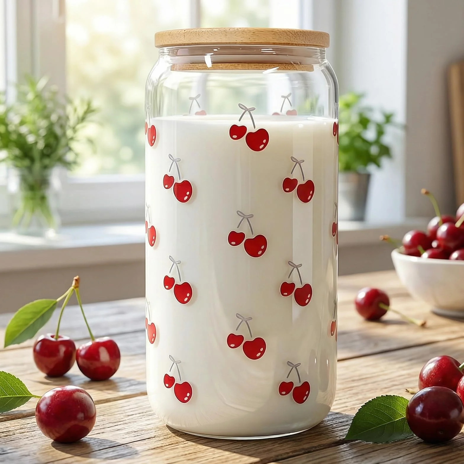 Bicchiere Estivo in Vetro con Motivo Ciliegia, Bicchiere Riutilizzabile per Bevande, con Coperchio in bambù E Cannuccia, Contenitore Portatile per Drink Freddi,