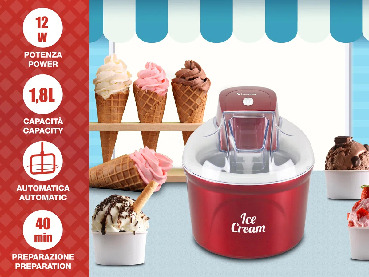 BEPER P102GEL002 Gelatiera refrigerante, Macchina per Gelato, Prepara gelato, sorbetti e frozen yogurt, Ciotola refrigerante in alluminio con doppio isolamento, Capacità 1,8 L, Ice Cream Maker