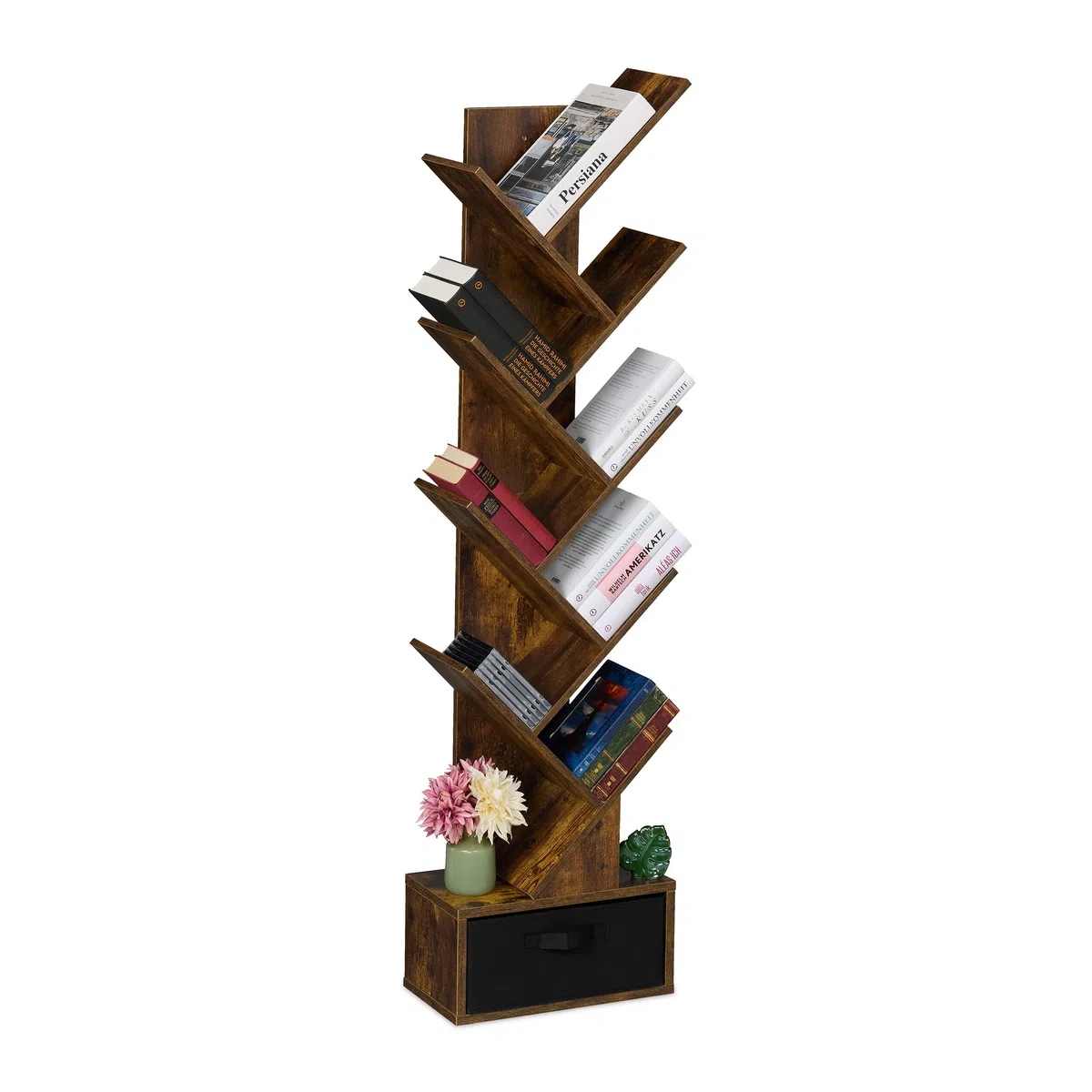 Relaxdays Scaffale Libreria, Mobile Stretto da Terra con 9 Ripiani ad Albero per Libri, CD e Dvd, 146x38x22 cm, Marrone