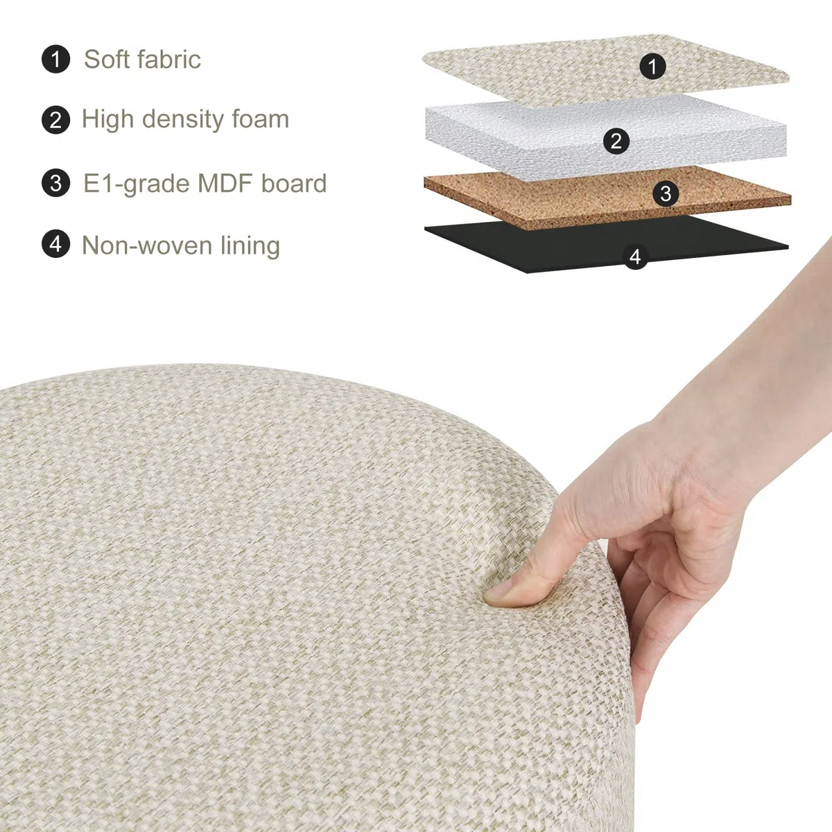 WOLTU Pouf Contenitore con Coperchio, Pouf Poggiapiedi in Lino Grosso, Sgabello Tondo Salvaspazio con Gambe in Legno di Pino per Soggiorno, Corriodio, Camera, Ø 39x33 cm, Beige