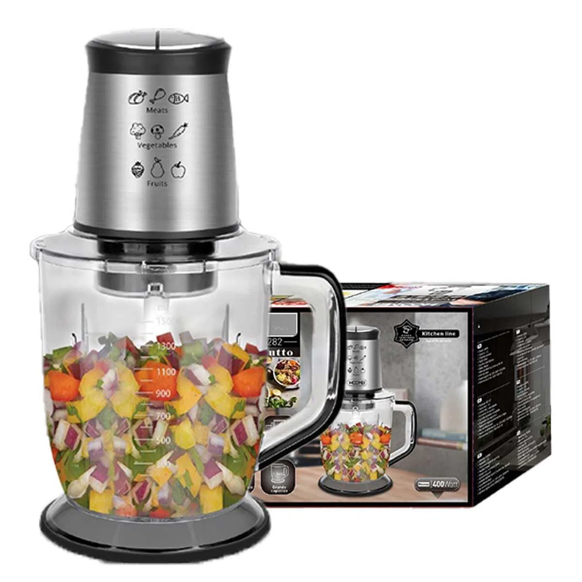 Tritattuto da Cucina Elettrico 1.5mL 400W, Frullatore per Frutta Carne Verdura, Funzionamento a Pressione + 2 Modalità Velocità