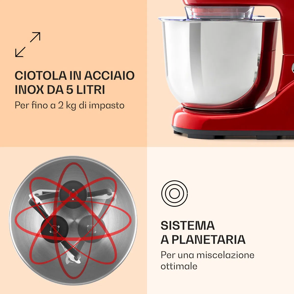 Klarstein Bella Pico 2G - Robot da Cucina, Mixer, Impastatrice, 1200 W / 1,6 PS, 6 Livelli, Sistema di Miscelazione Planetario, Ciotola in Acciaio Inox da 5L, Rosso