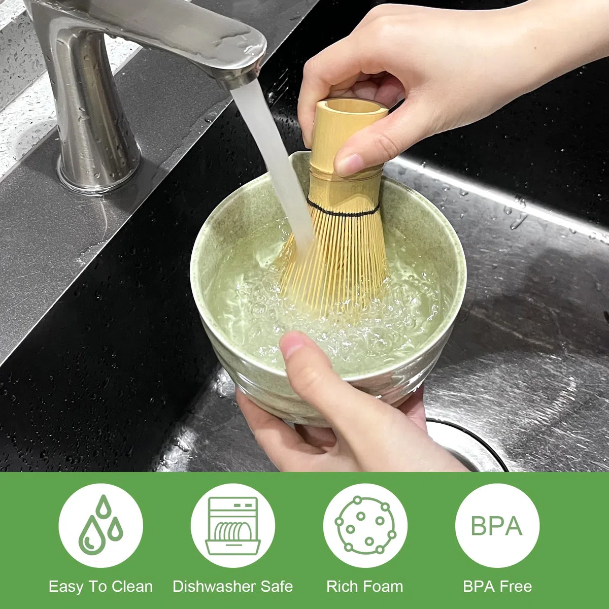 GOSHIES Set da Tè Matcha da 5 Pezzi con Ciotola per Matcha, Frullatore, Cucchiaio per Matcha, Spazzola per Matcha, Supporto per Frullatore Matcha, Verde