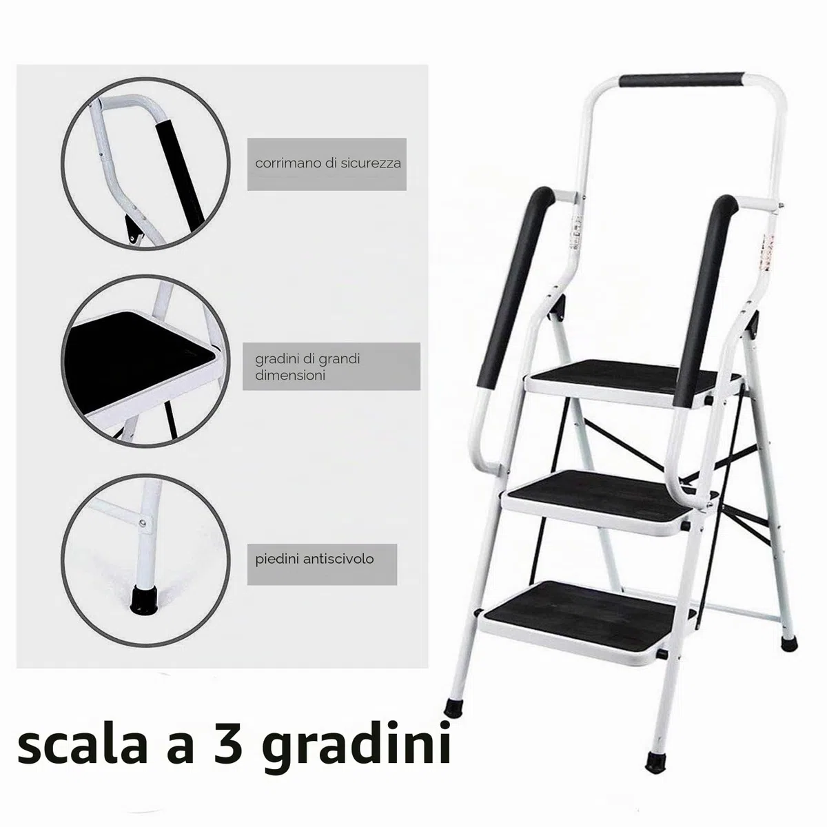 Scala a 3 gradini con corrimano di sicurezza, pieghevole, sicura, antiscivolo, struttura opaca e resistente, multiuso per la casa