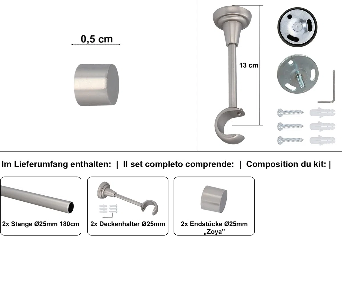 Kit Bastone per Tende in metallo 25mm Cromo Opaco Montaggio a Soffitto 180 cm Zoya