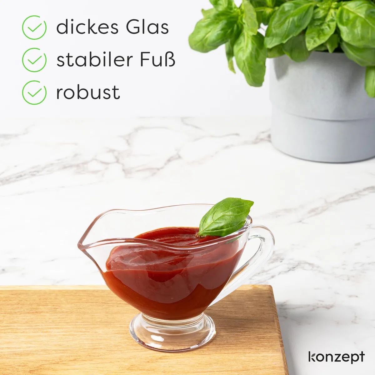 KONZEPT Salsiera in vetro, set da 4 pezzi, 160 ml, trasparente, con manico, stabile, ideale per condimenti, panna, salsa, olio d'oliva