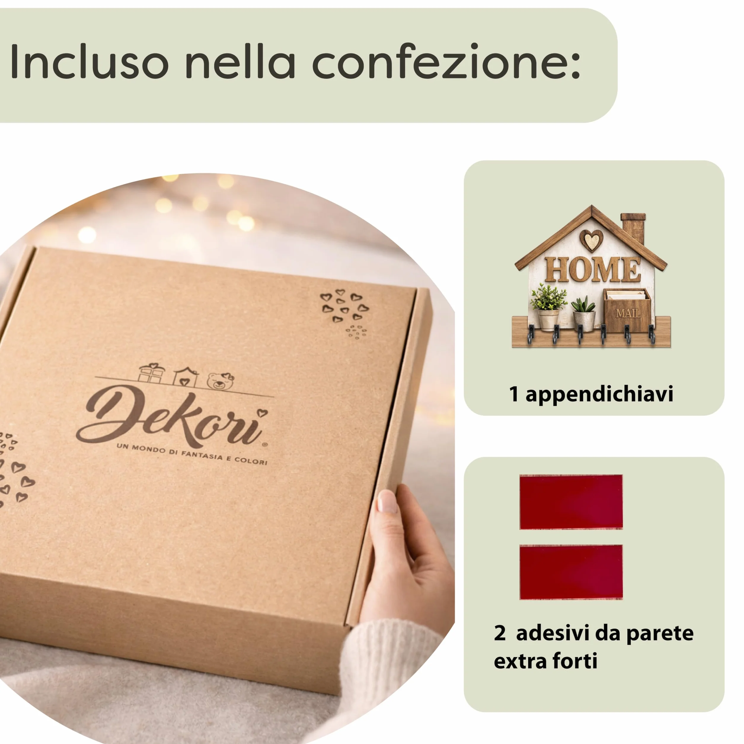 DEKORI Appendichiavi da Parete HOME in Legno Portachiavi da Muro 6 Ganci Metallo Decorazione Ingresso Casa Stile Country Moderno Organizer Chiavi Parete Made in Italy