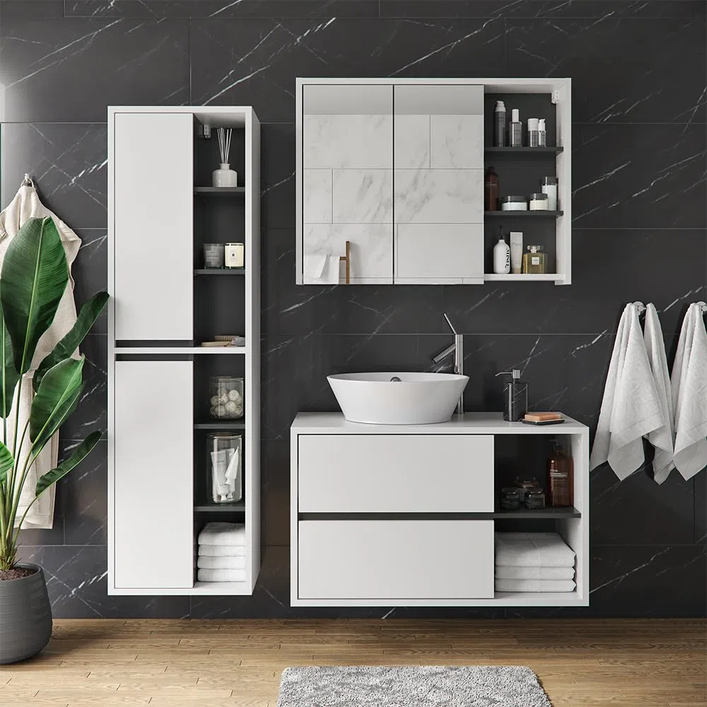 Vicco Specchio contenitore bagno Viola, Bianco/antracite, 100 x 75 cm, per montaggio a parete con ripiani aperti