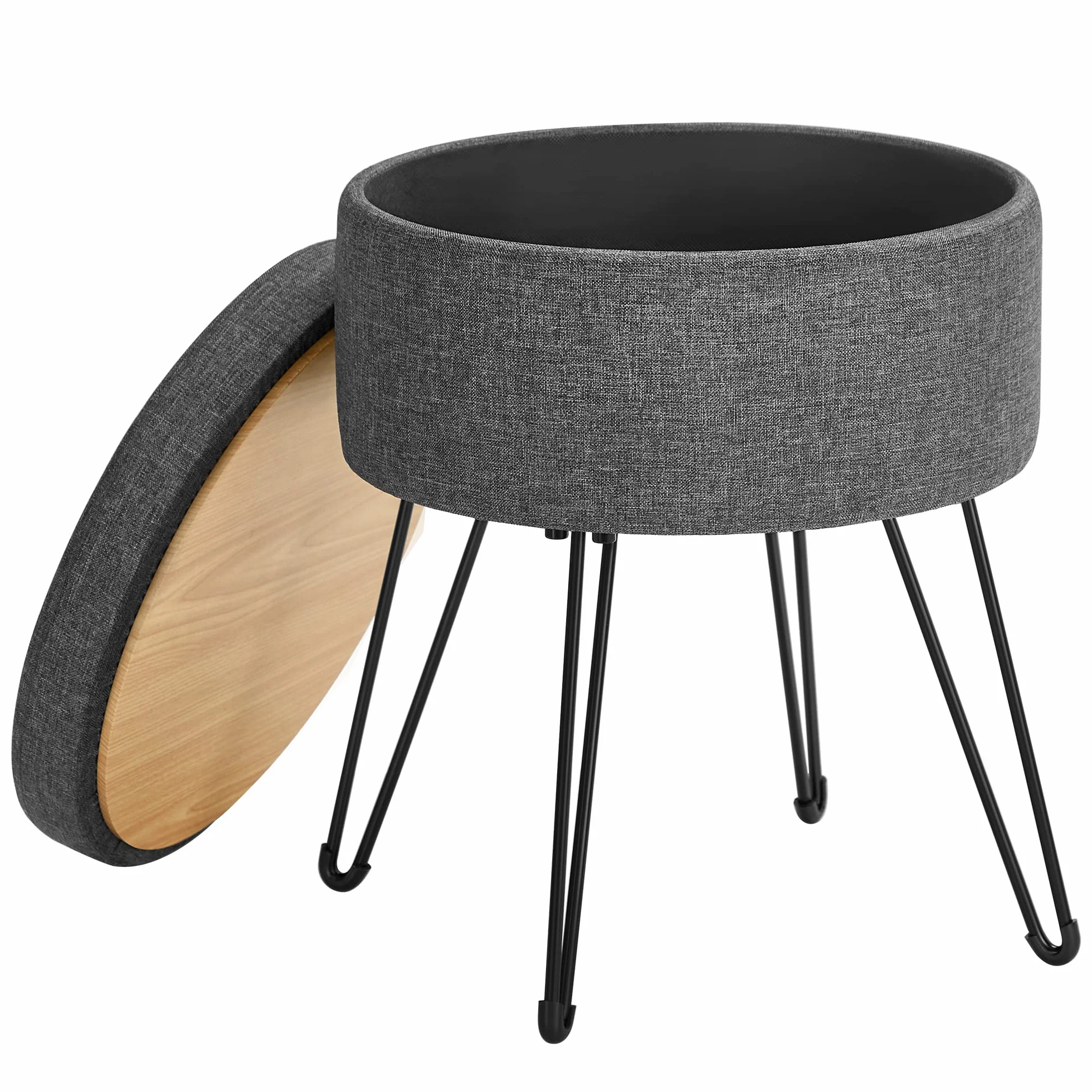 SONGMICS Sgabello Pouf Contenitore, Cassapanca Rotonda, Sgabello Toeletta, Capacità di 13,4L, Gambe in Metallo, Sedile Imbottito, Soggiorno Camera da Letto, Grigio Scuro LOM002G02