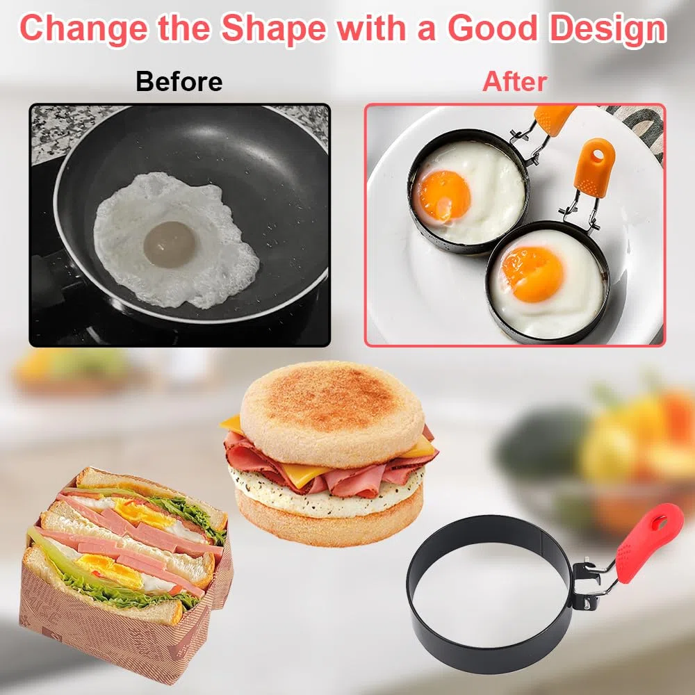 4 Pezzi Stampo Pancake 7.6cm con Maniglia Pieghevole Anelli per Uova in Acciaio Inox con Manici Pieghevoli in Silicone e Spazzola per Olio Stampo per Pancake per Omelette Frittelle Dolci Muffin
