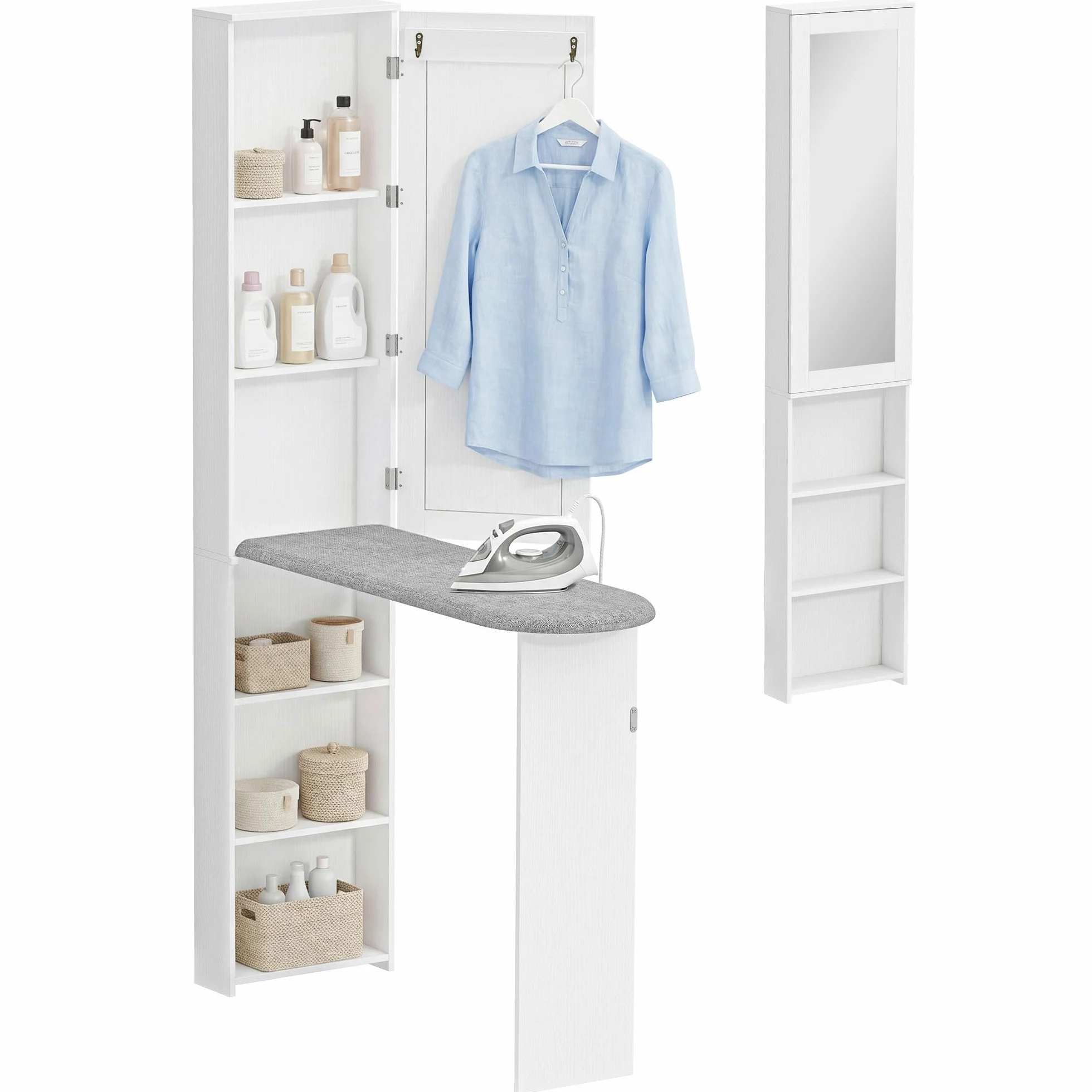 HOMCOM Mobile Asse da Stiro Pieghevole Salvaspazio con Specchio, Mobile da Stiro Multiuso con 6 Scomparti, 2 Ganci, per Lavanderia Bagno, 107x35x174 cm, Bianco