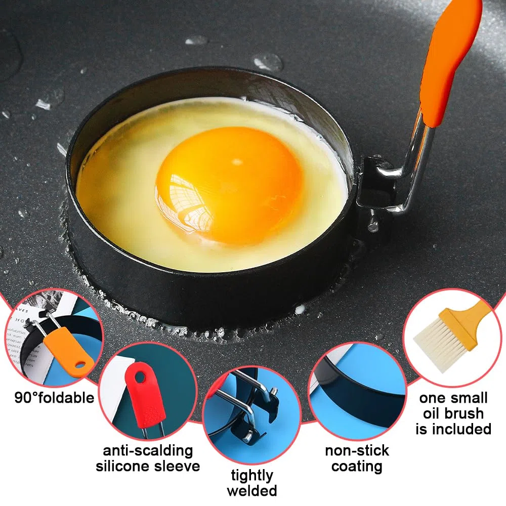 4 Pezzi Stampo Pancake 7.6cm con Maniglia Pieghevole Anelli per Uova in Acciaio Inox con Manici Pieghevoli in Silicone e Spazzola per Olio Stampo per Pancake per Omelette Frittelle Dolci Muffin