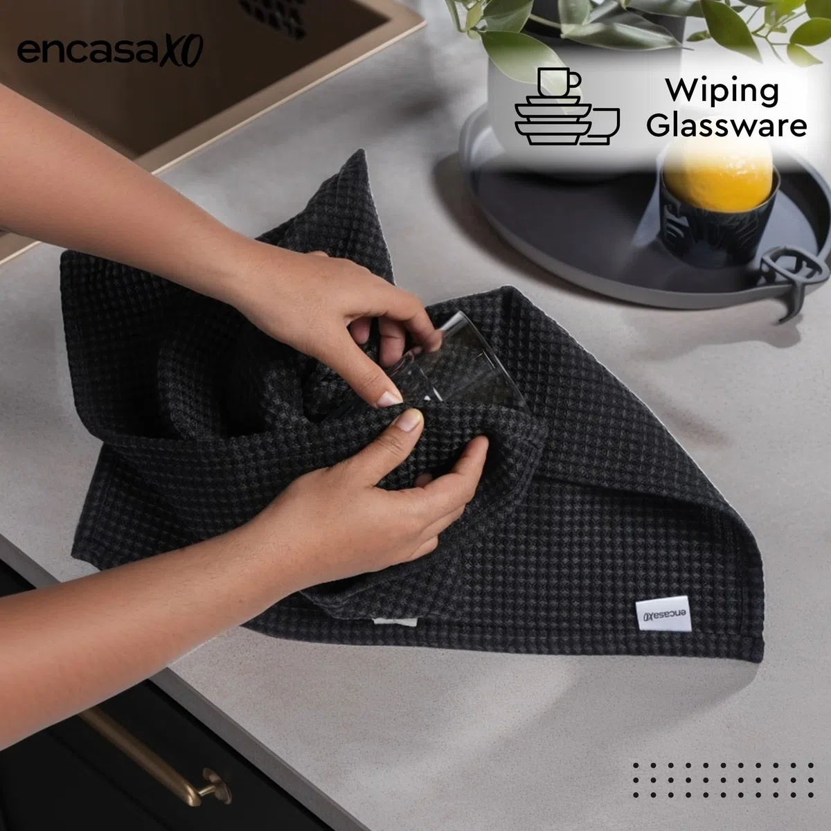 Encasa XO Asciugamani da cucina e salviette in cotone Grigio Nero | Strofinaccio in waffle e tessuto piatto | Set strofinacci | 70x45 cm | Riutilizzabile e ad asciugatura rapida Set di 4