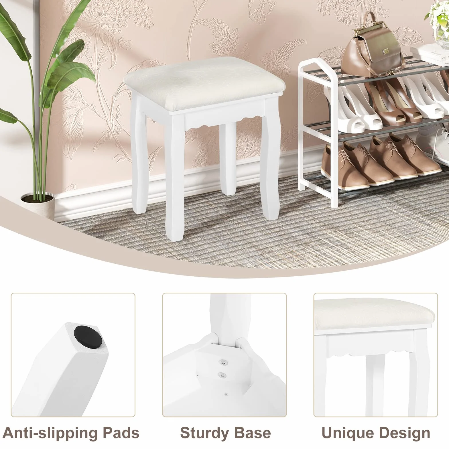 WOLTU Sgabello Bianco per Tavolo da Trucco, Sgabello in Legno Imbottito, Sedia da Make Up per Camera da Letto, Design Barocco， Rivestimento in Velluto, 37x28x44,5cm MB6095ws