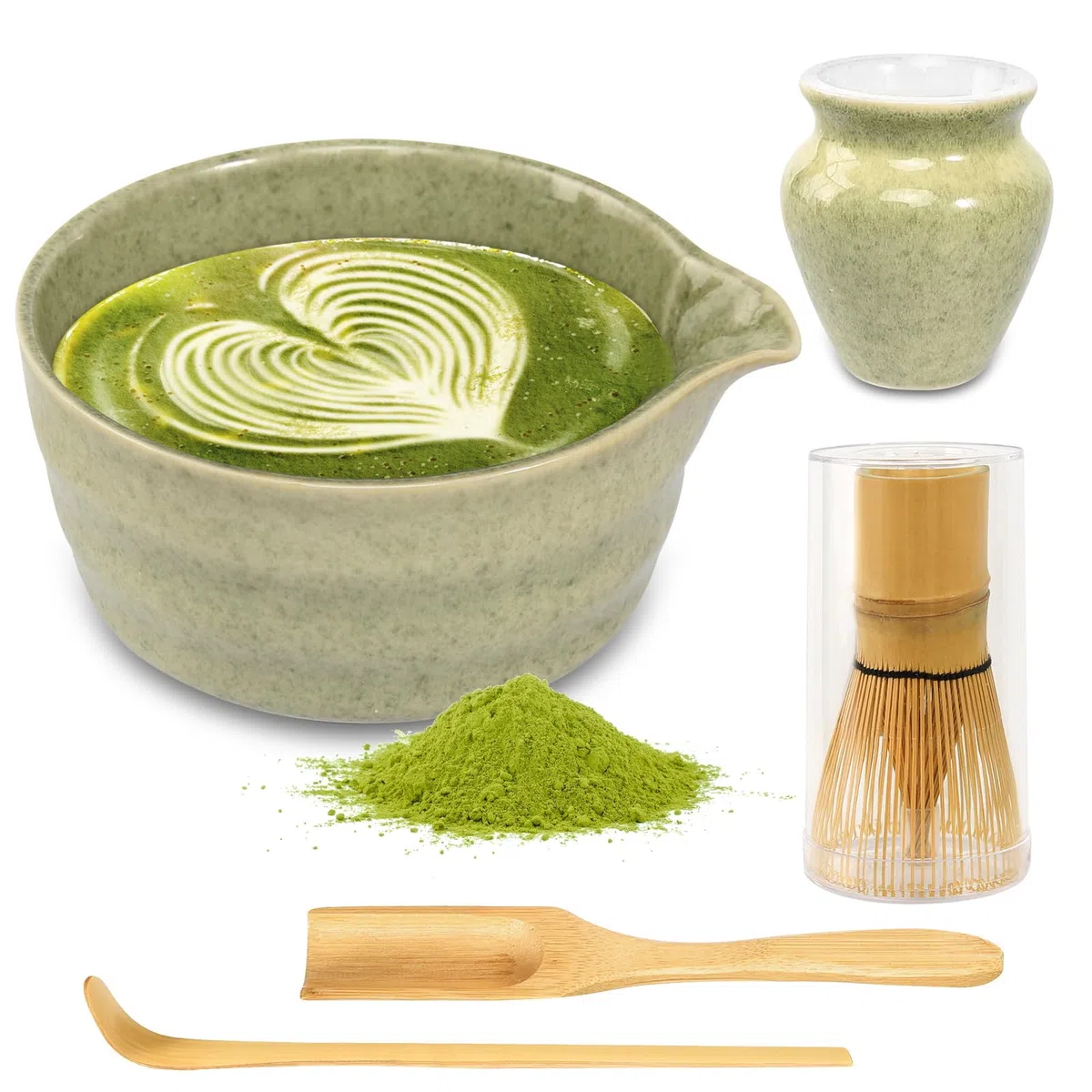 GOSHIES Set da Tè Matcha da 5 Pezzi con Ciotola per Matcha, Frullatore, Cucchiaio per Matcha, Spazzola per Matcha, Supporto per Frullatore Matcha, Verde