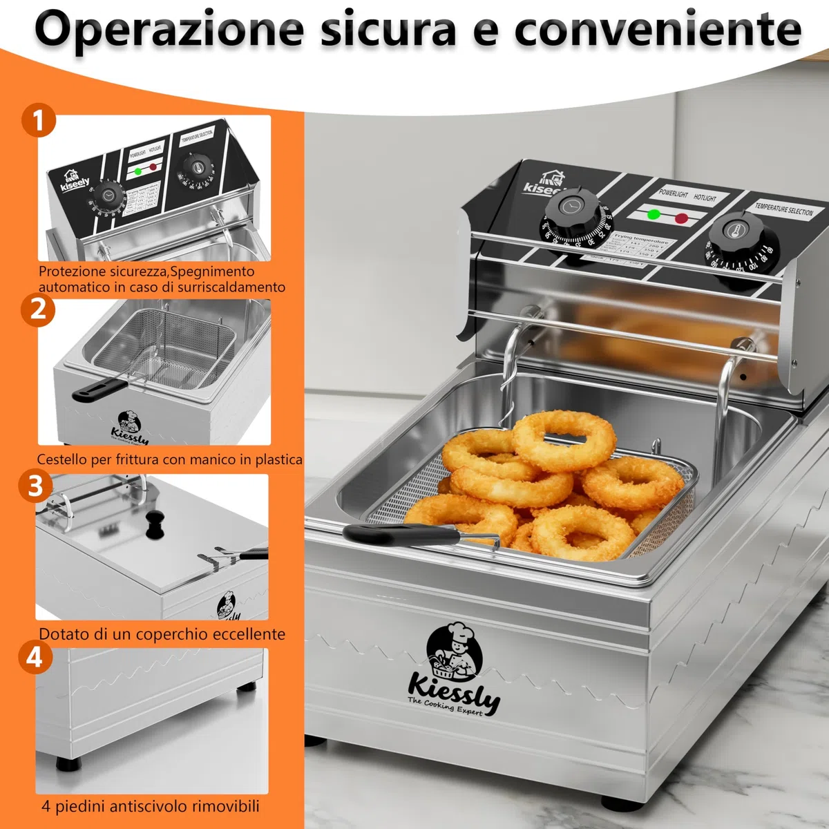 Friggitrice elettrica da 20 litri, friggitrice commerciale da 3500W con cestelli, friggitrice a doppia vasca in acciaio inossidabile con controllo del tempo e della temperatura (Single Fryer 10L IO4)
