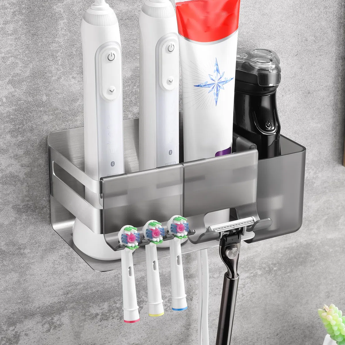 Portaspazzolino per spazzolino elettrico con 3 accessori da bagno, supporto per spazzolino in acciaio inossidabile da parete autoadesivo, supporto per testine argento senza foratura