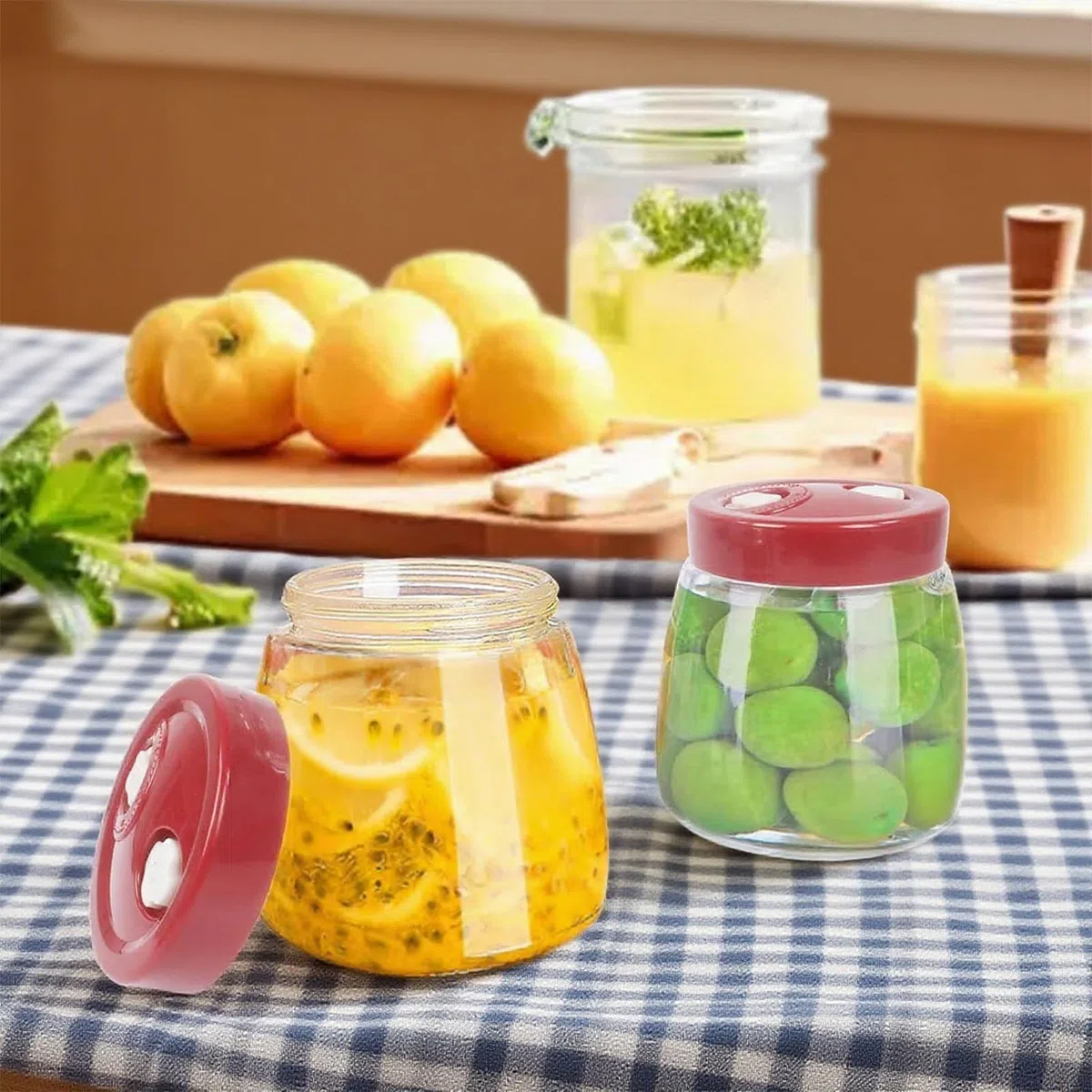 Set di 2 bicchieri da fermentazione da 1 l, con valvola dell'aria, per kimchi, contenitore per fermentazione di crauti e lievitazione, contenitore in vetro per kombucha e verdure, senza BPA