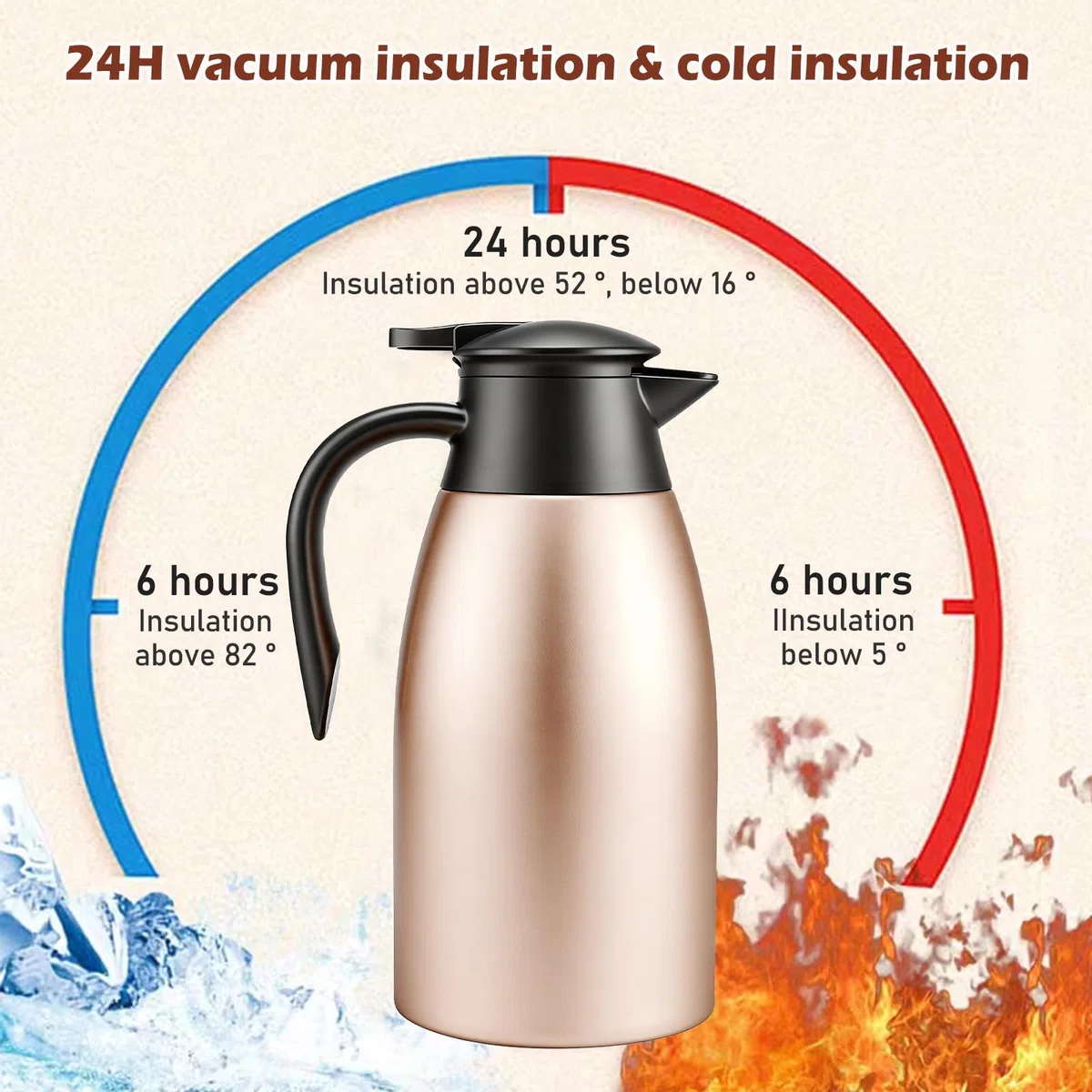Thermos da 2 litri, thermos a doppia parete, isolamento sottovuoto, caffettiera isolata con manico e beccuccio, caffettiera per caffè caldo e freddo (colore oro rosa)