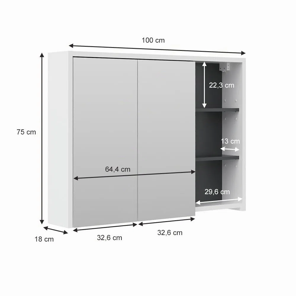 Vicco Specchio contenitore bagno Viola, Bianco/antracite, 100 x 75 cm, per montaggio a parete con ripiani aperti