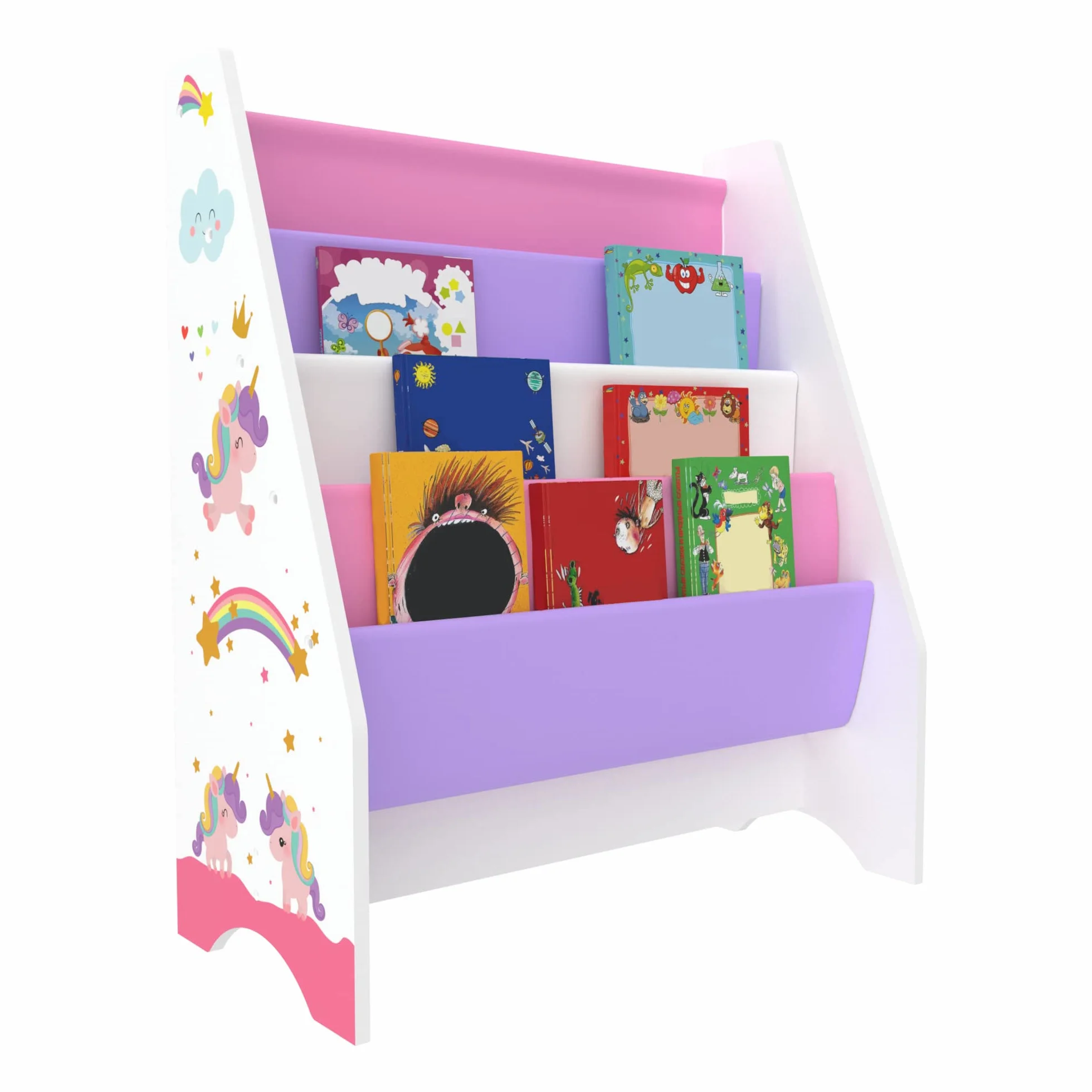 [en.casa] Scaffale per Cameretta con 4 Contenitori Morbidi a Scaletta - Mobile Porta Libri a Misura di Bimbi - Decorazione Unicorno - Rosa/Viola