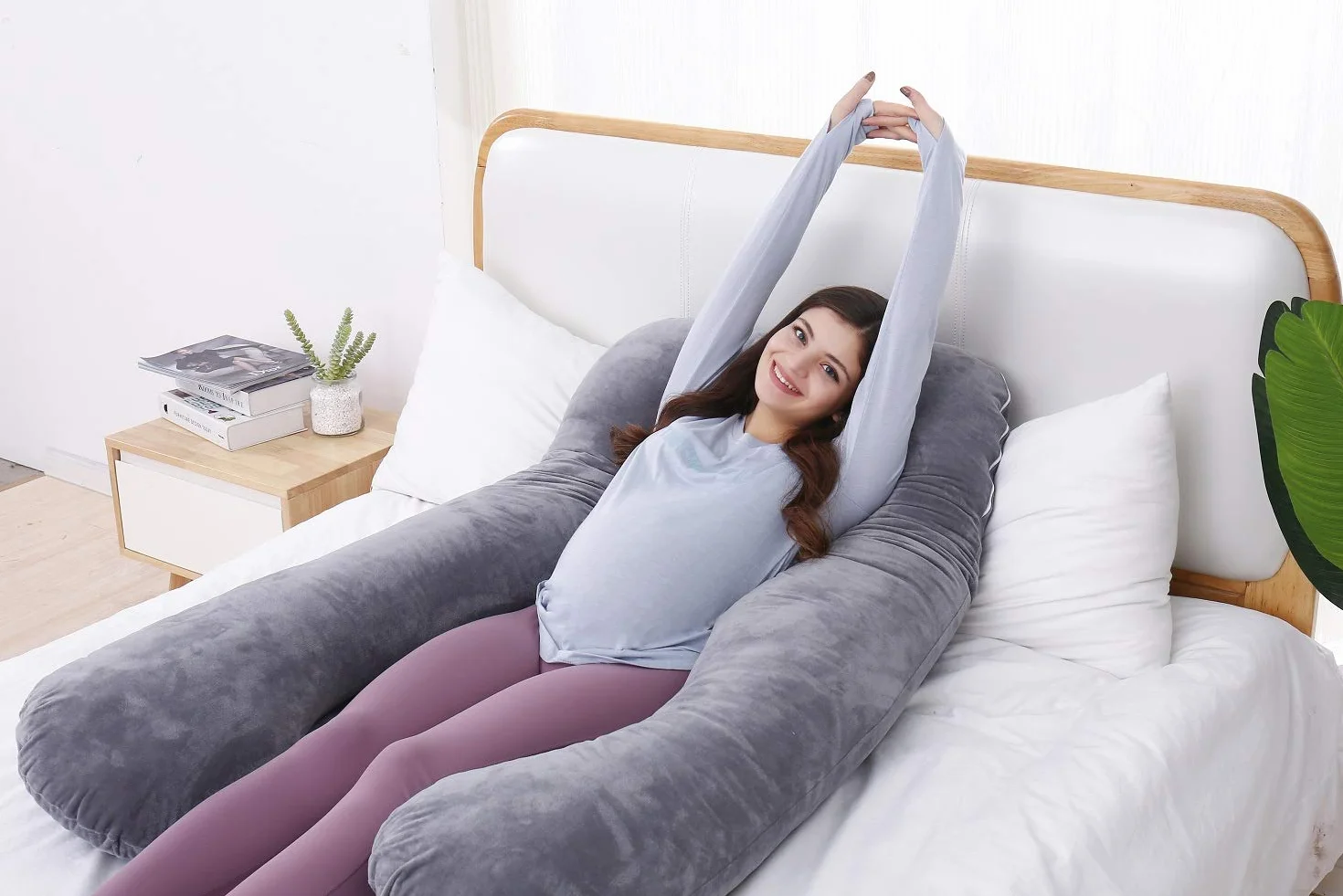 Cuscino per gravidanza, a forma di U, cuscino per allattamento, supporto e maternità per donne incinte con rivestimento in velluto rimovibile (grigio)