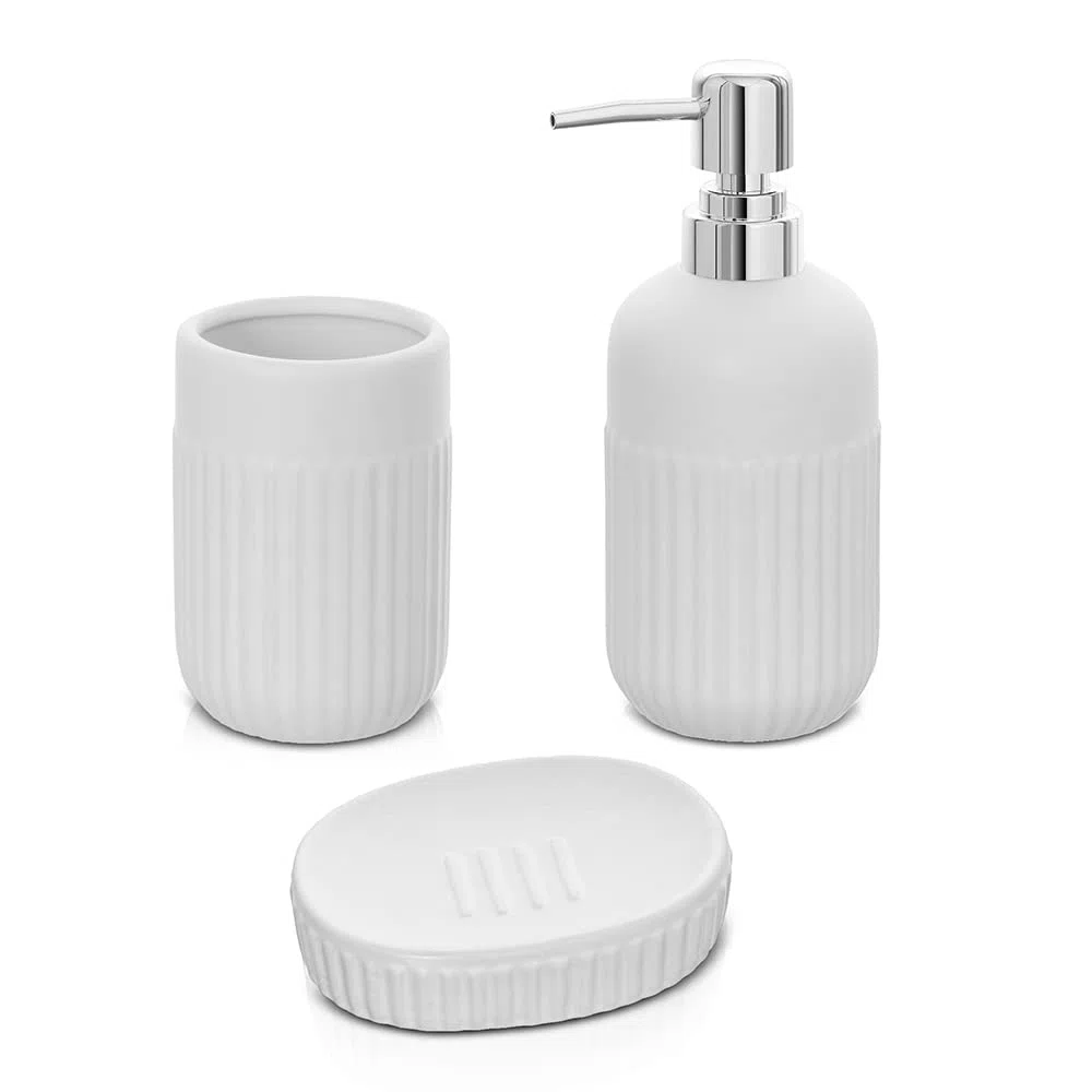 Accessori bagno da appoggio in set completo 3 pezzi, kit accessori appoggio con dispenser, portaspazzolini e porta saponetta, in ceramica, linea Cup