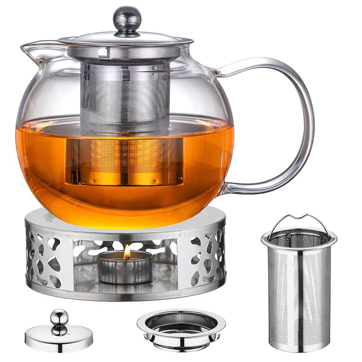 Teiera in vetro con fornellino, 1300 ml, teiera in vetro borosilicato con inserto in acciaio inox e coperchio rimovibile, incluso forno per tutti i tipi di tè (tè alle erbe, tè alla frutta, tè verde)