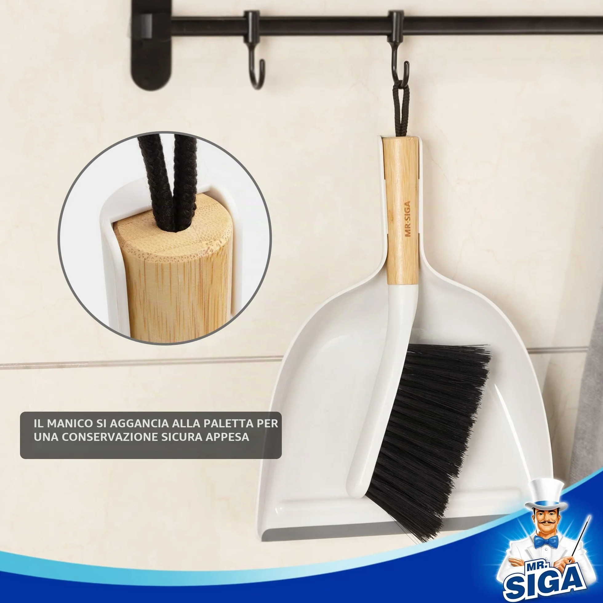MR.SIGA Set di paletta e spazzola, combinazione di spazzola per la pulizia portatile e paletta con manico in bambù, 1 set