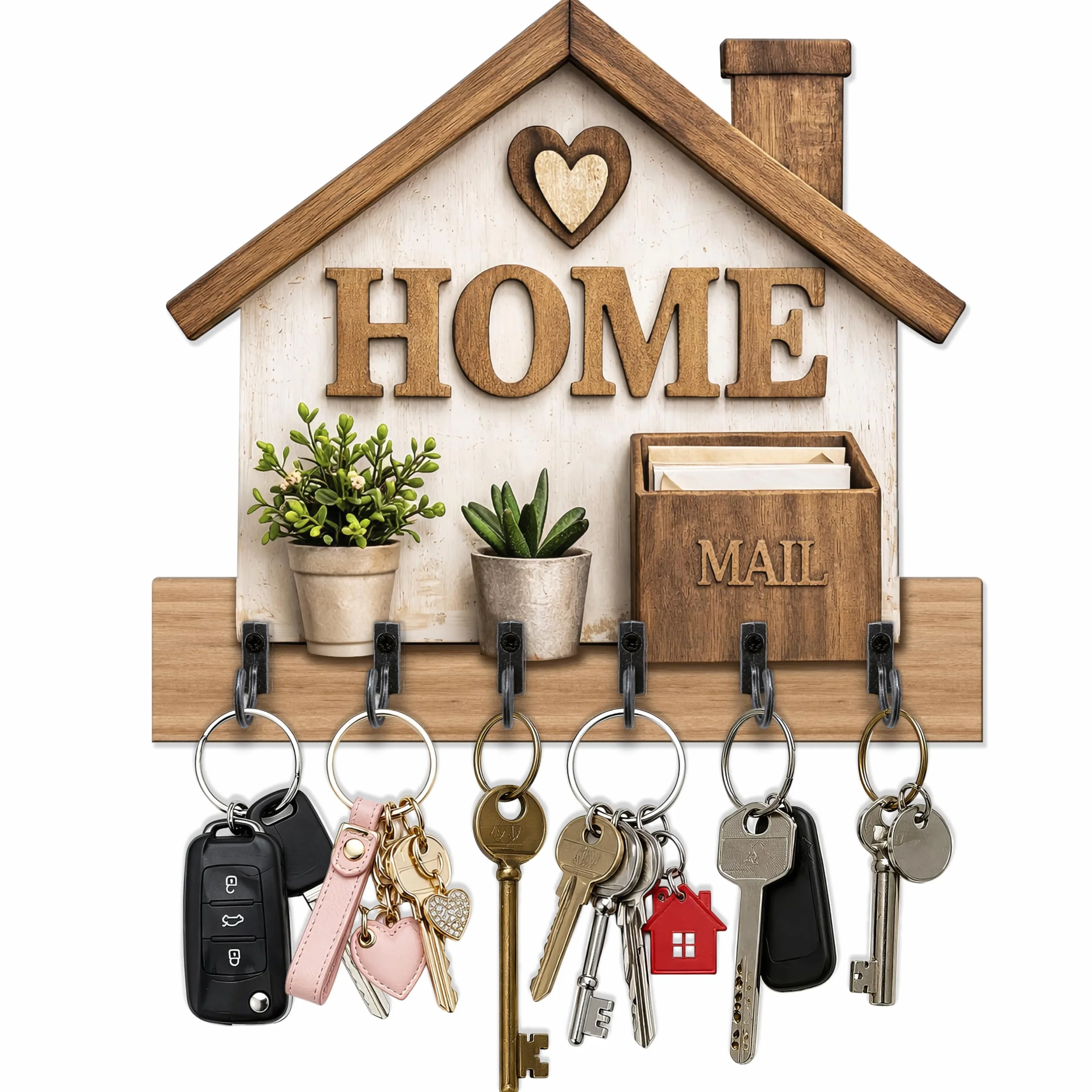 DEKORI Appendichiavi da Parete HOME in Legno Portachiavi da Muro 6 Ganci Metallo Decorazione Ingresso Casa Stile Country Moderno Organizer Chiavi Parete Made in Italy