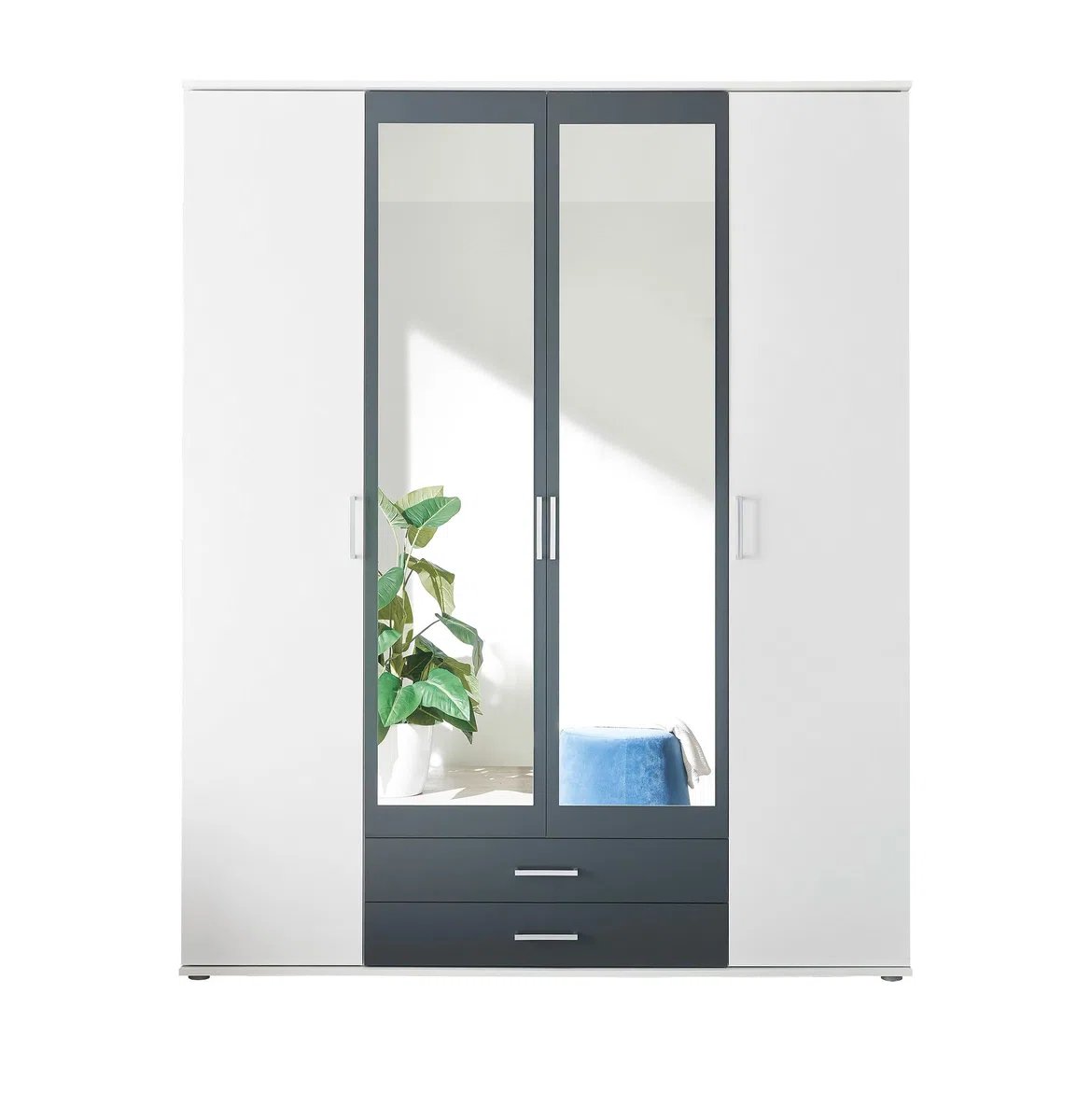 AVANTI TRENDSTORE Hanu - Armadio in legno laminato a 2 ante a battente in legno, 2 ante con specchio e 2 cassetti. Disponibile nel colore bianco/grafite. Dimensioni LxAxP 160x196x54 cm