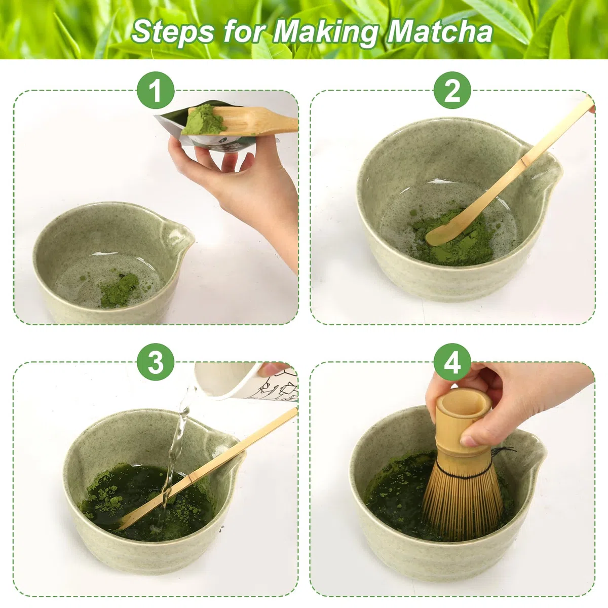 GOSHIES Set da Tè Matcha da 5 Pezzi con Ciotola per Matcha, Frullatore, Cucchiaio per Matcha, Spazzola per Matcha, Supporto per Frullatore Matcha, Verde