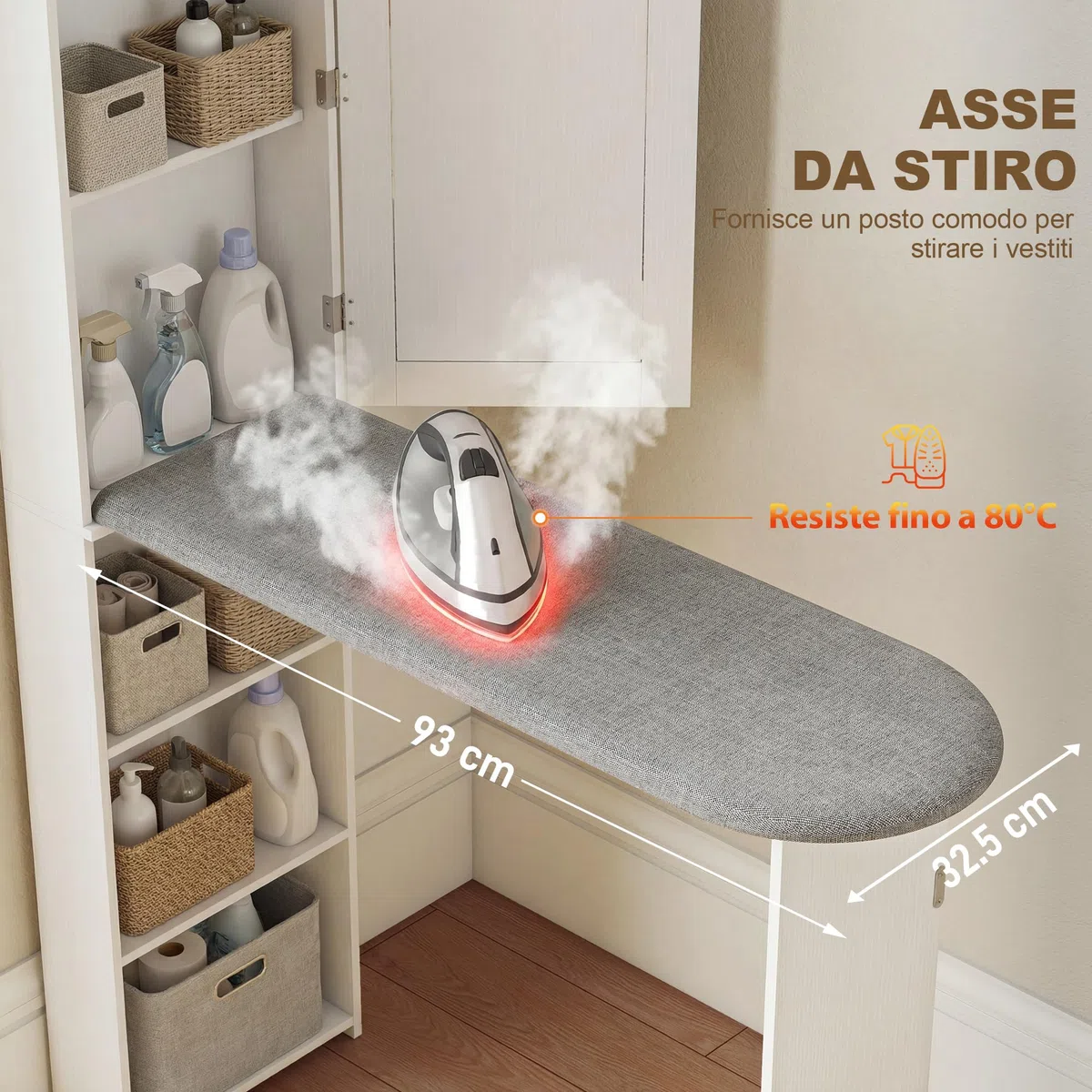 HOMCOM Mobile Asse da Stiro Pieghevole Salvaspazio con Specchio, Mobile da Stiro Multiuso con 6 Scomparti, 2 Ganci, per Lavanderia Bagno, 107x35x174 cm, Bianco