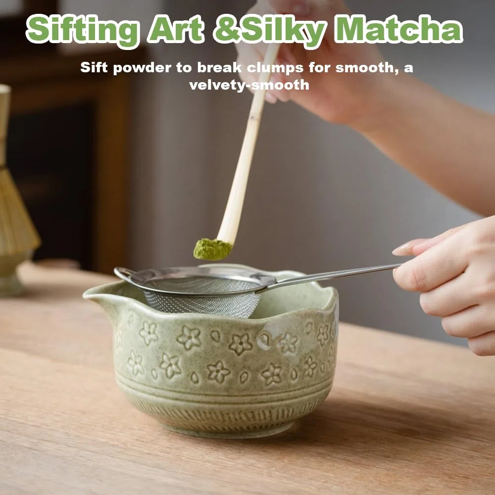 5 Pezzi Matcha Kit, Matcha Set con Frusta Macha e Supporto per Frusta, Ciotola con Beccuccio, Cucchiaio Macha, Colino, Adatto per la Casa, l'Ufficio e Come Regalo