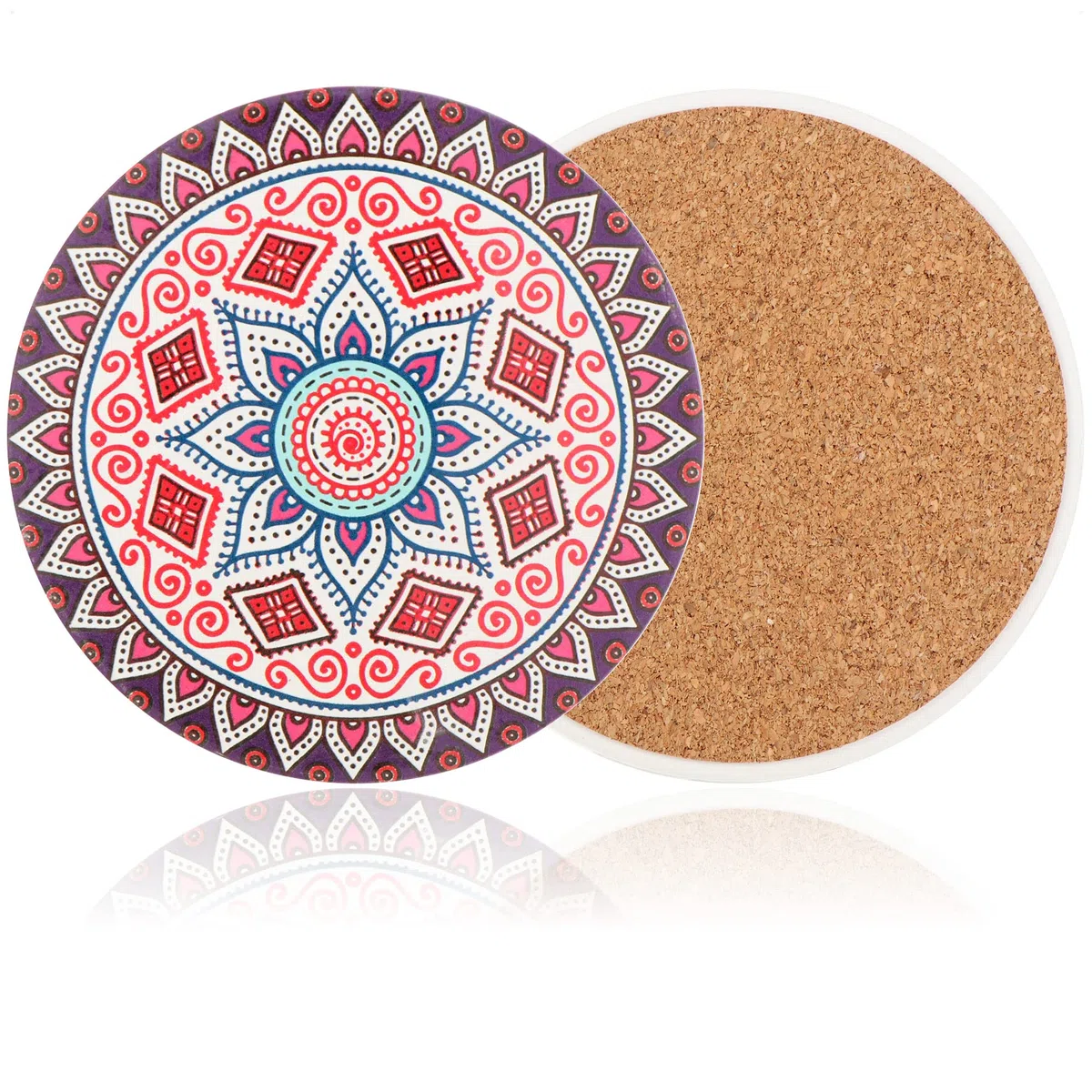 Set di 9 sottobicchieri con Supporto in Metallo - Sottobicchieri in Ceramica con Motivo Mandala e Retro in Sughero - Sottobicchieri Rotondi (8 Pezzi - sottobicchieri + Supporto)
