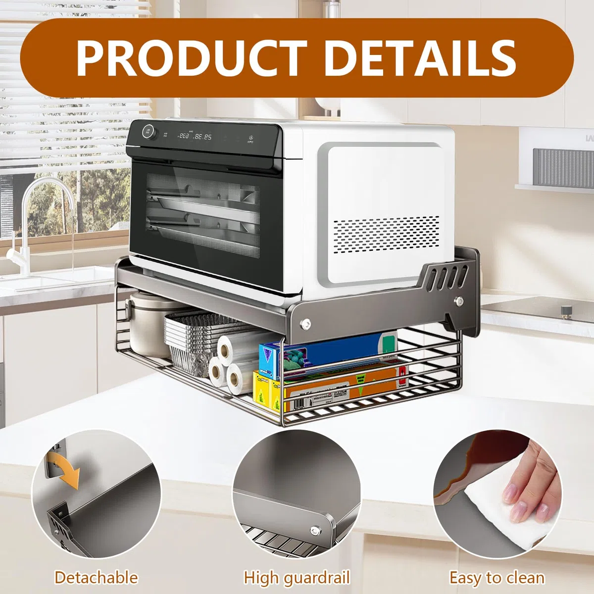 Mensola Microonde, Mensola Due Livelli Microonde da Parete con Cestino di Stoccaggio Supporto a Muro per Forno a Microonde, Ripiani Salvaspazio e Mobile Cucina