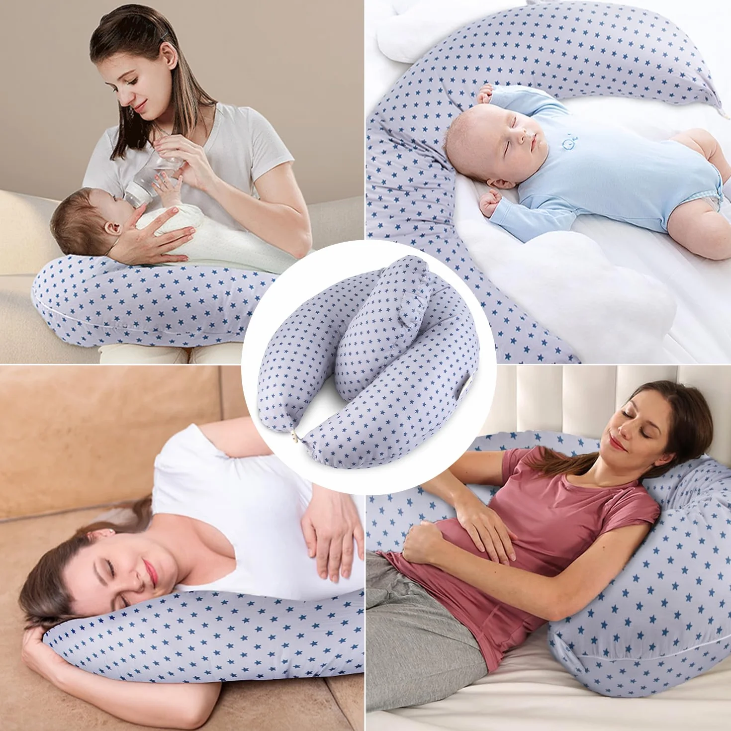 Chilling Home Cuscino Gravidanza 2 in 1 XXL,Cuscino Allattamento per Neonato, Cuscino Gravidanza per Dormire con Cuscino Interno e Federa in Cotone,Cuscino Allattamento e Gravidanza (Blu)