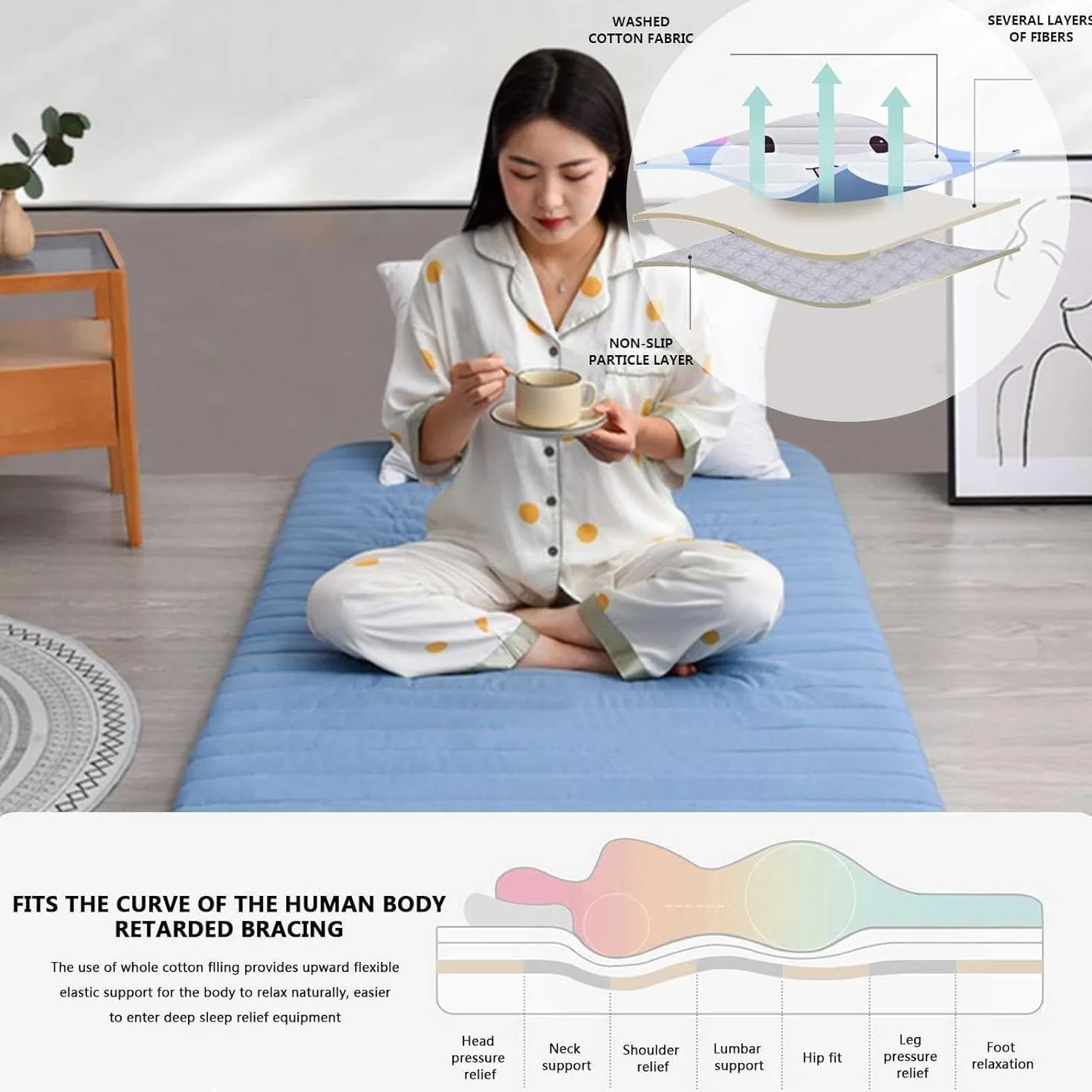 Materassino giapponese per tatami pieghevole, con borsa sottovuoto riutilizzabile, in cotone, design arrotolabile, per rilassarsi, letto per ospiti, campeggio, dormitorio studentesco, blu, 90 x 190 cm