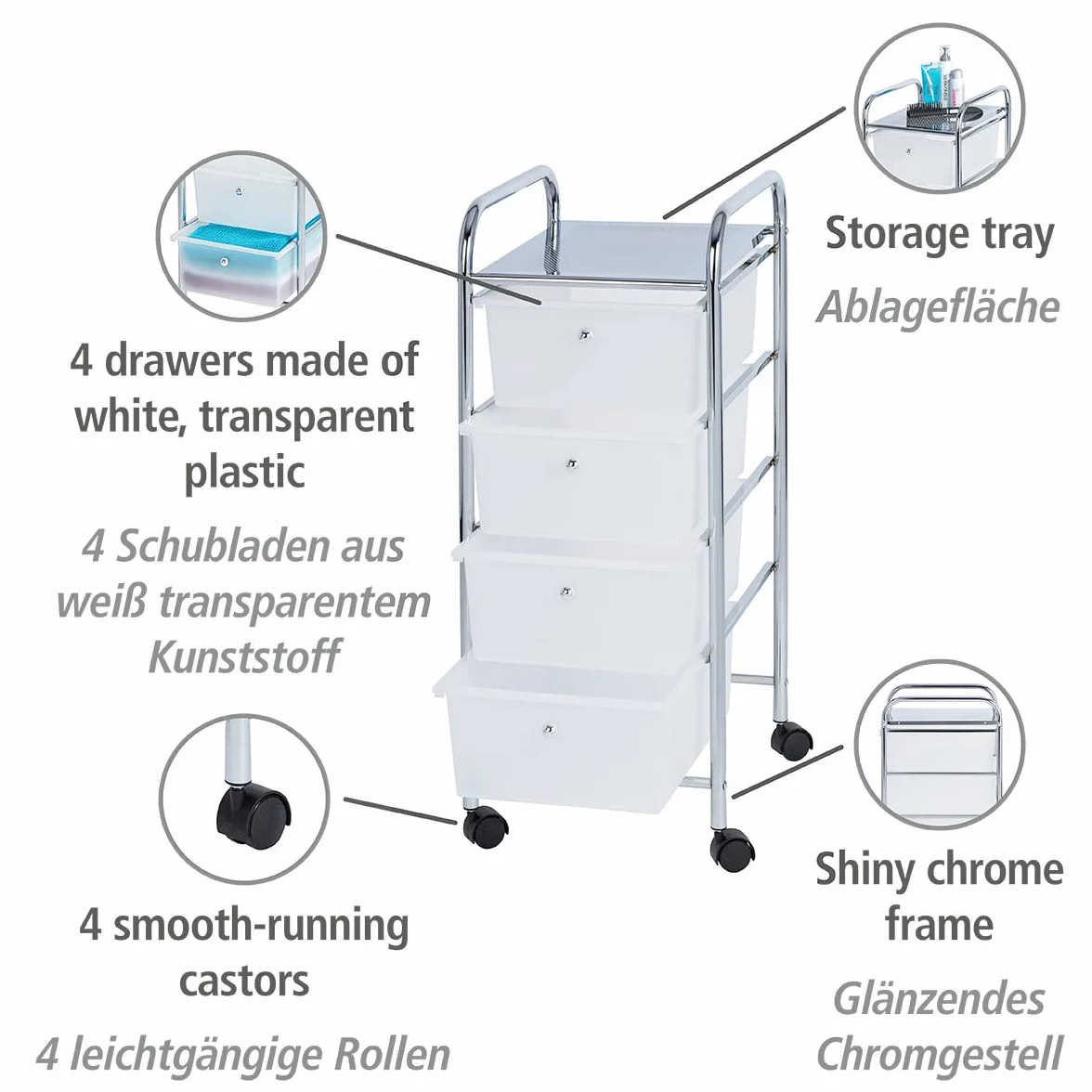 WENKO Carrello per il bagno e la casa Messina - con rotelle, 4 cassetti, Acciaio, 33 x 80.5 x 39 cm, Cromo