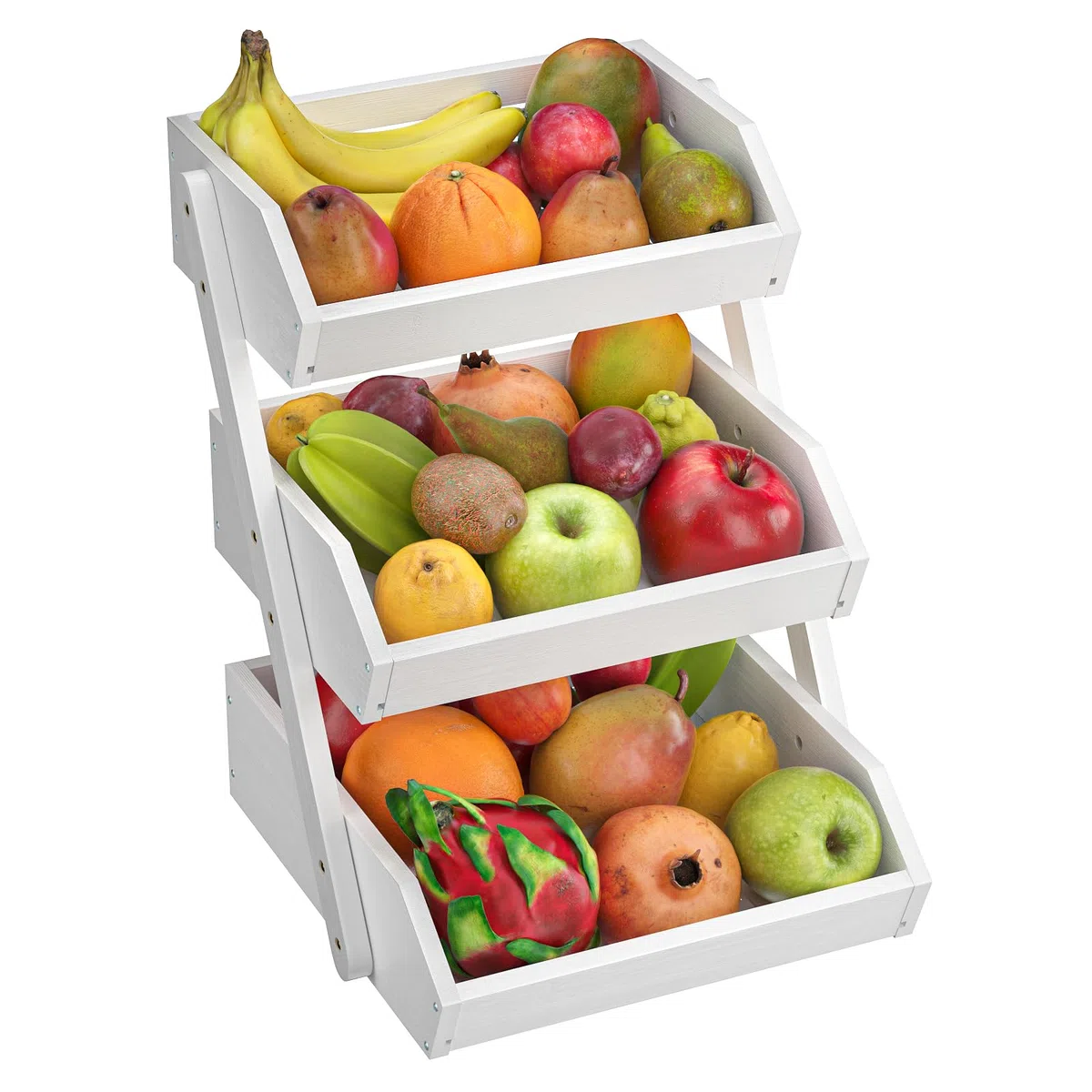 Supporto per Cesto di Frutta in bambù a 3 Livelli, Supporto per Verdure e Pane per ripiano della Cucina, Bianco