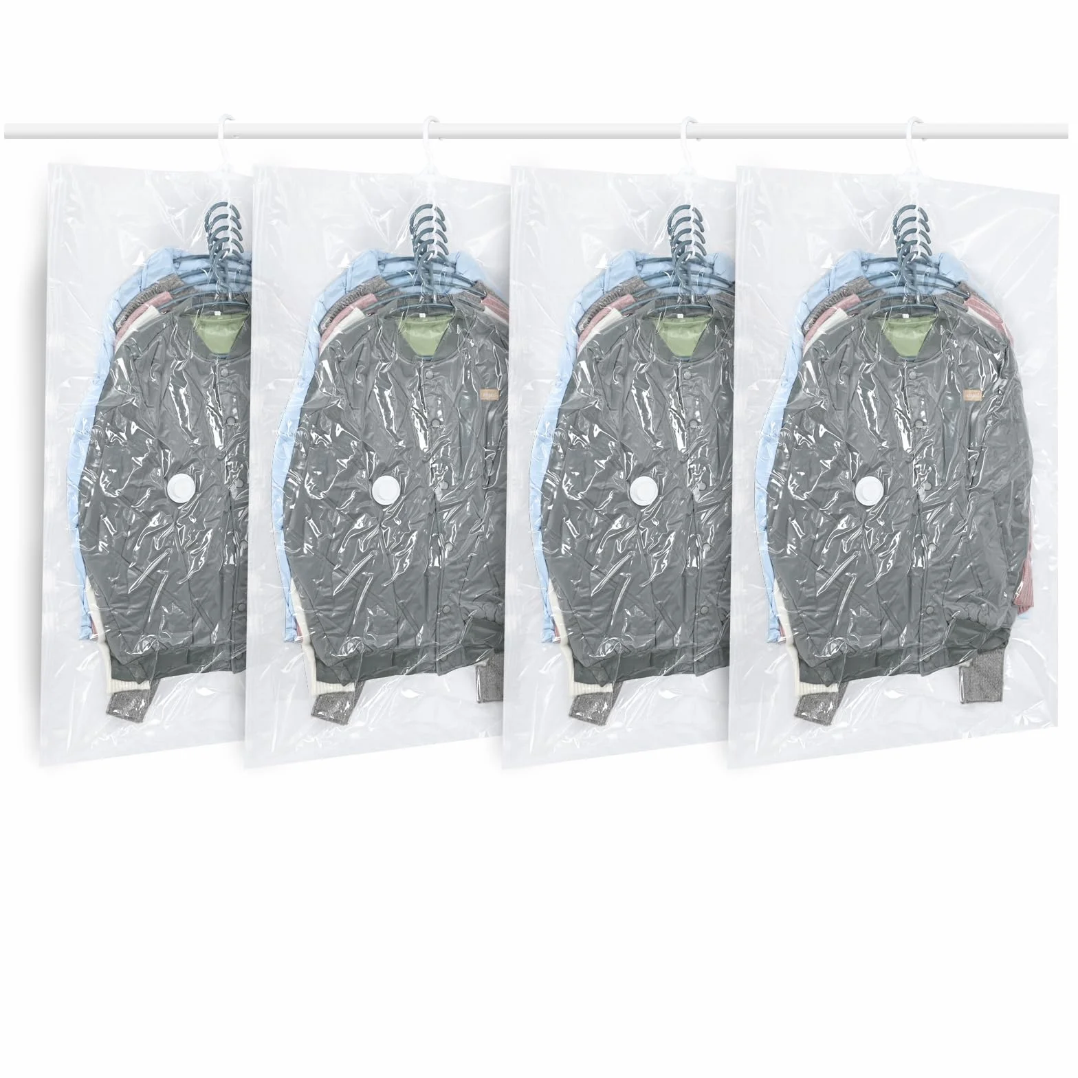 Sacchetti sottovuoto vestiti da appendere, 4 pezzi Vacuum storage bags salvaspazio per vestiti, organizer per armadio, Sacchetti vestitii trasparente e riutilizzabile (4, 105x70cm)