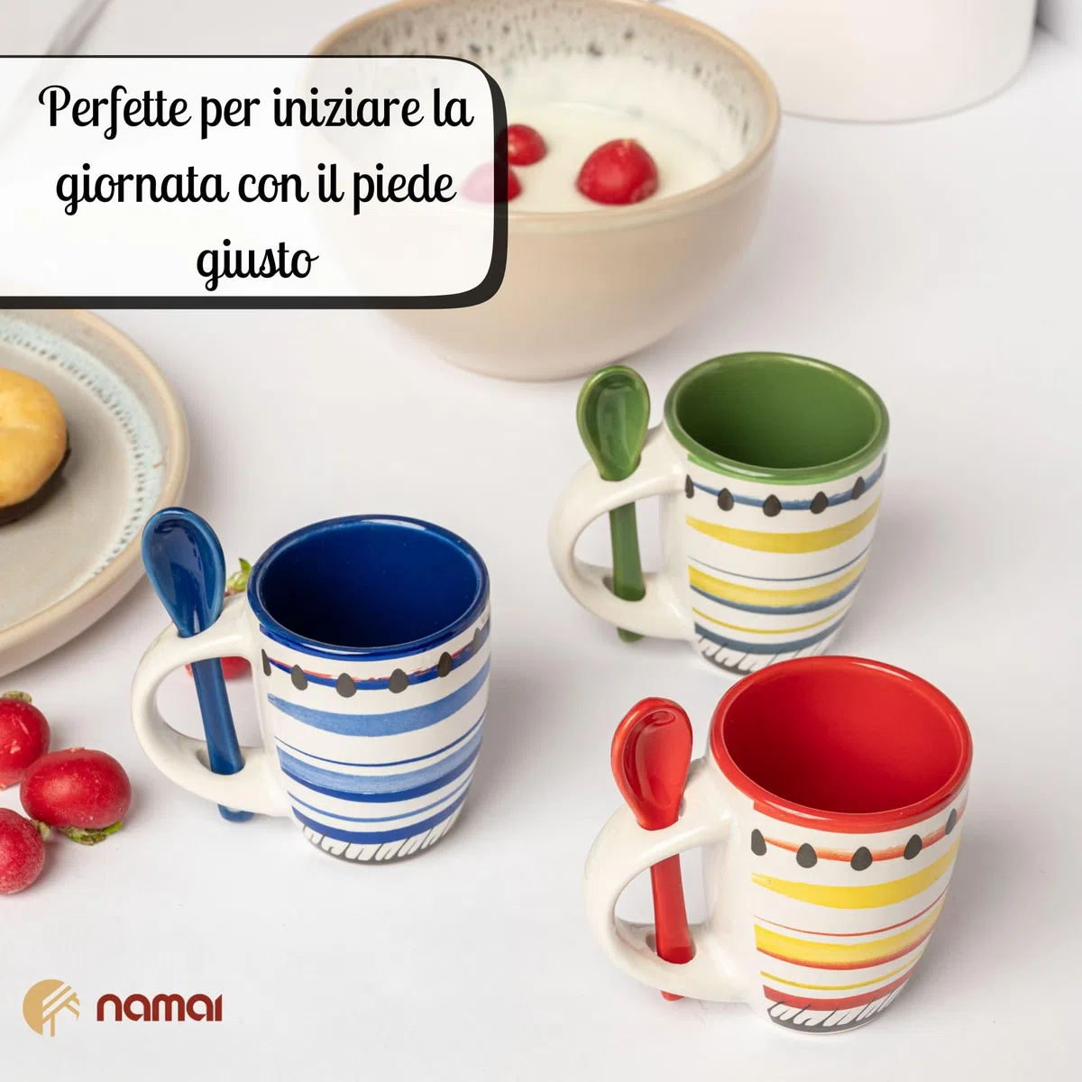 NAMAI - Set di 6 Tazzine Caffè Con Cucchiaino, 90 ML, Porcellana Resistente, Adatte in Lavastoviglie e Microonde, Colori Vivaci, Idea Regalo (Set 6 Tazzine con Cucchiaino)