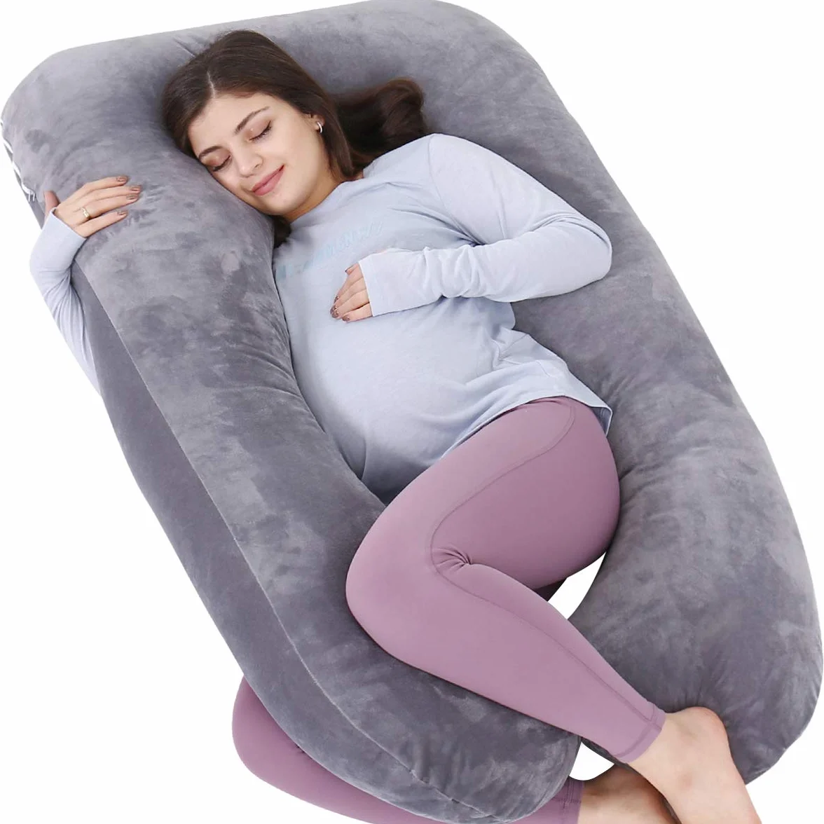 Cuscino per gravidanza, a forma di U, cuscino per allattamento, supporto e maternità per donne incinte con rivestimento in velluto rimovibile (grigio)