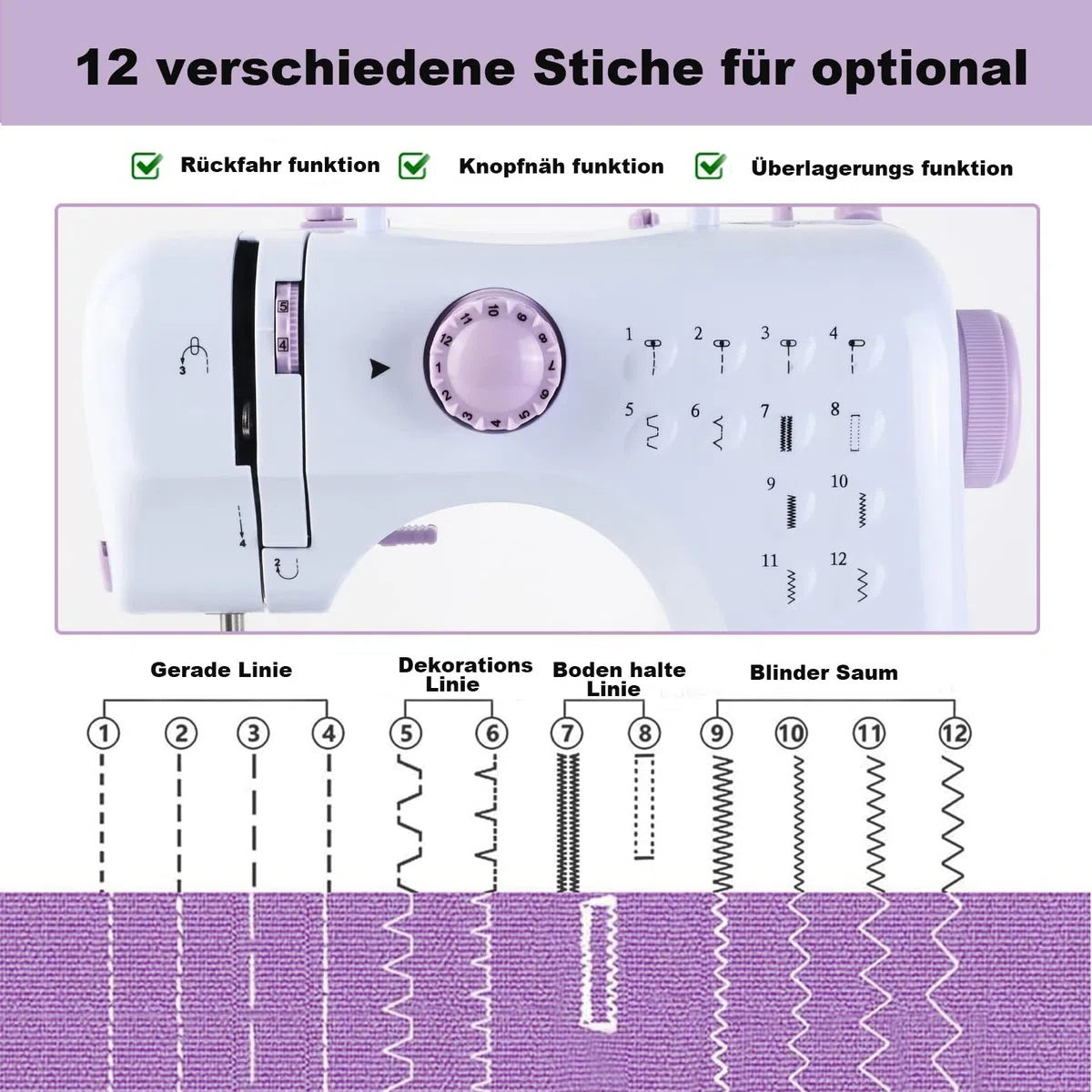 Macchina da cucire con pedale per principianti, piccola macchina da cucire, guida rapida all'avvio, manuale in 5 lingue, due modalità di alimentazione, 12 punti MEGLE FHSM-505