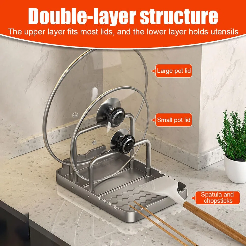 DONGKER Supporto Coperchio di Pentole, Porta Coperchi di Pentola a 2 Strati con Vassoio Raccogligocce, Organizer per Coperchio di Pentole, Spatole, Cucchiai e Altri Utensili da Cucina