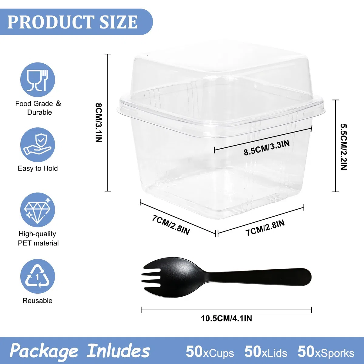 Tazze da Dessert in Plastica con Coperchi 50 Pezzi Coppe da Dessert Quadrate 240ml/8oz Bicchiere da Dessert con Coperchio Coppette per Budino per Mousse Gelati Compleanni Matrimoni