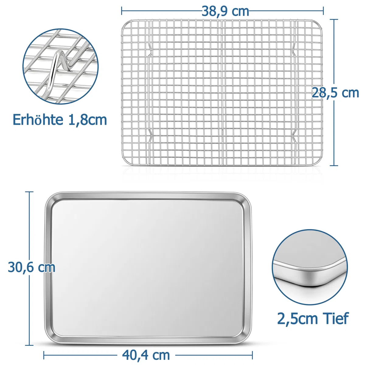 TEAMFAR Teglia da forno con griglia di raffreddamento, 40 x 30 x 2,5cm rettangolare teglia da forno, in acciaio inox con griglia di raffreddamento per cuocere, lavabile in lavastoviglie